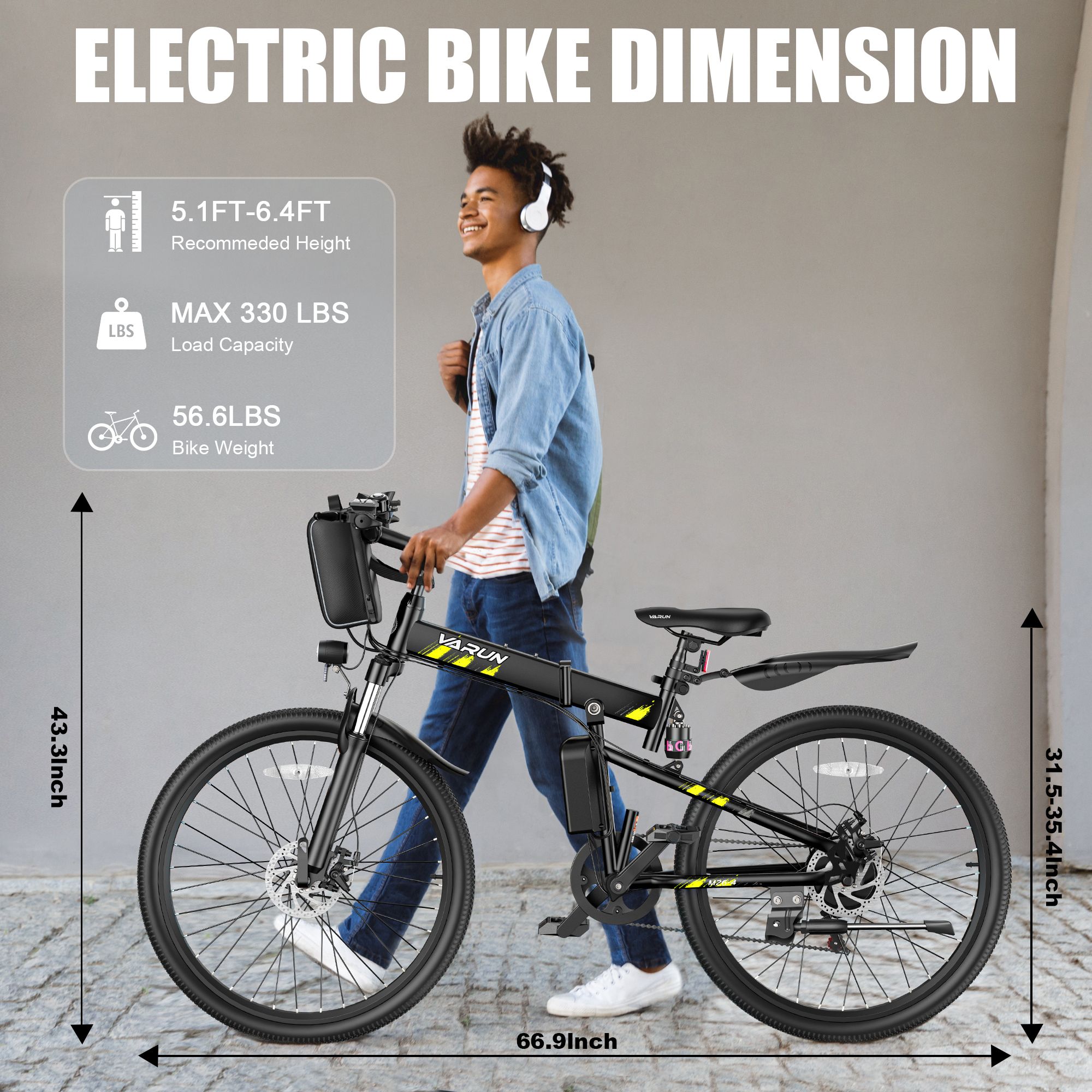 Schwarzes, zusammenklappbares Elektrofahrrad. Maße: 66,9 Zoll lang, 43,3 Zoll hoch, 31,5-35,4 Zoll hoch. Text: 5.1FT-6.4FT, MAX 330 LBS, 56.6LBS.