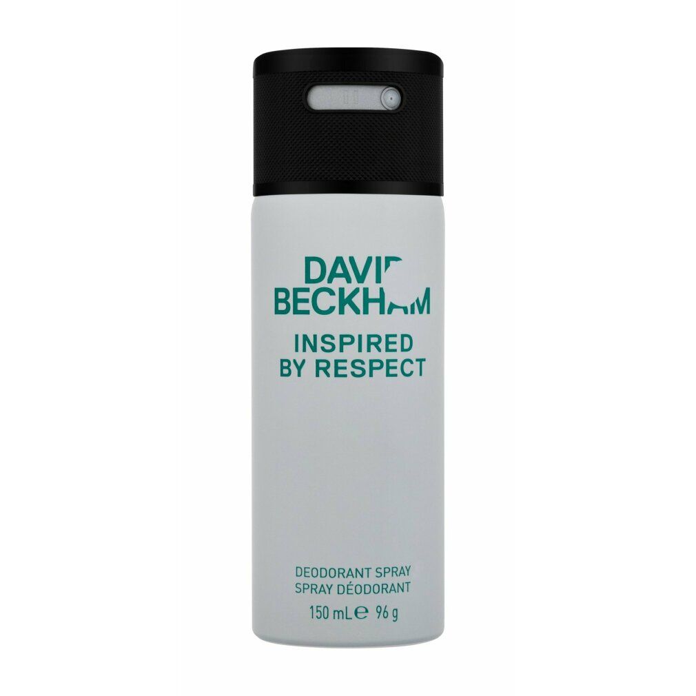 Deodorant-Spray. Weißer Behälter, schwarzer Deckel. Aufschrift: DAVID BECKHAM INSPIRED BY RESPECT. 150 ml.