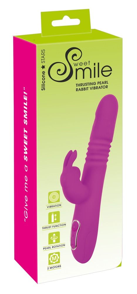 Verpackung mit lila Vibrator. Text: Sweet Smile, Vibration, Thrust Function, Pearl Rotation, 2 Motors.