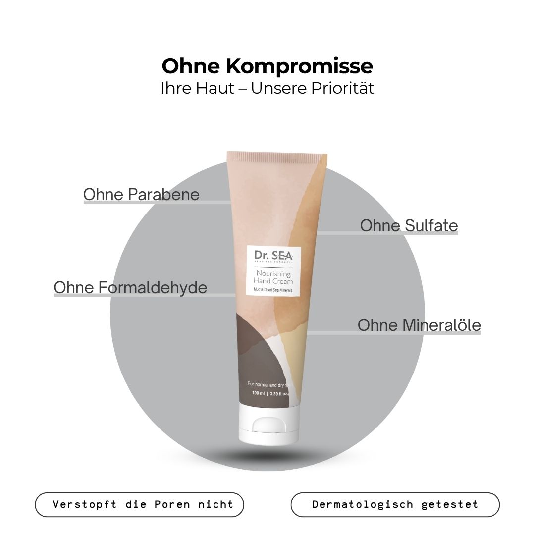 Handcreme-Tube neben Text. Text: Ohne Kompromisse. Inhaltsstoffe werden aufgelistet: Ohne Parabene, Sulfate, Formaldehyd, Mineralöle.