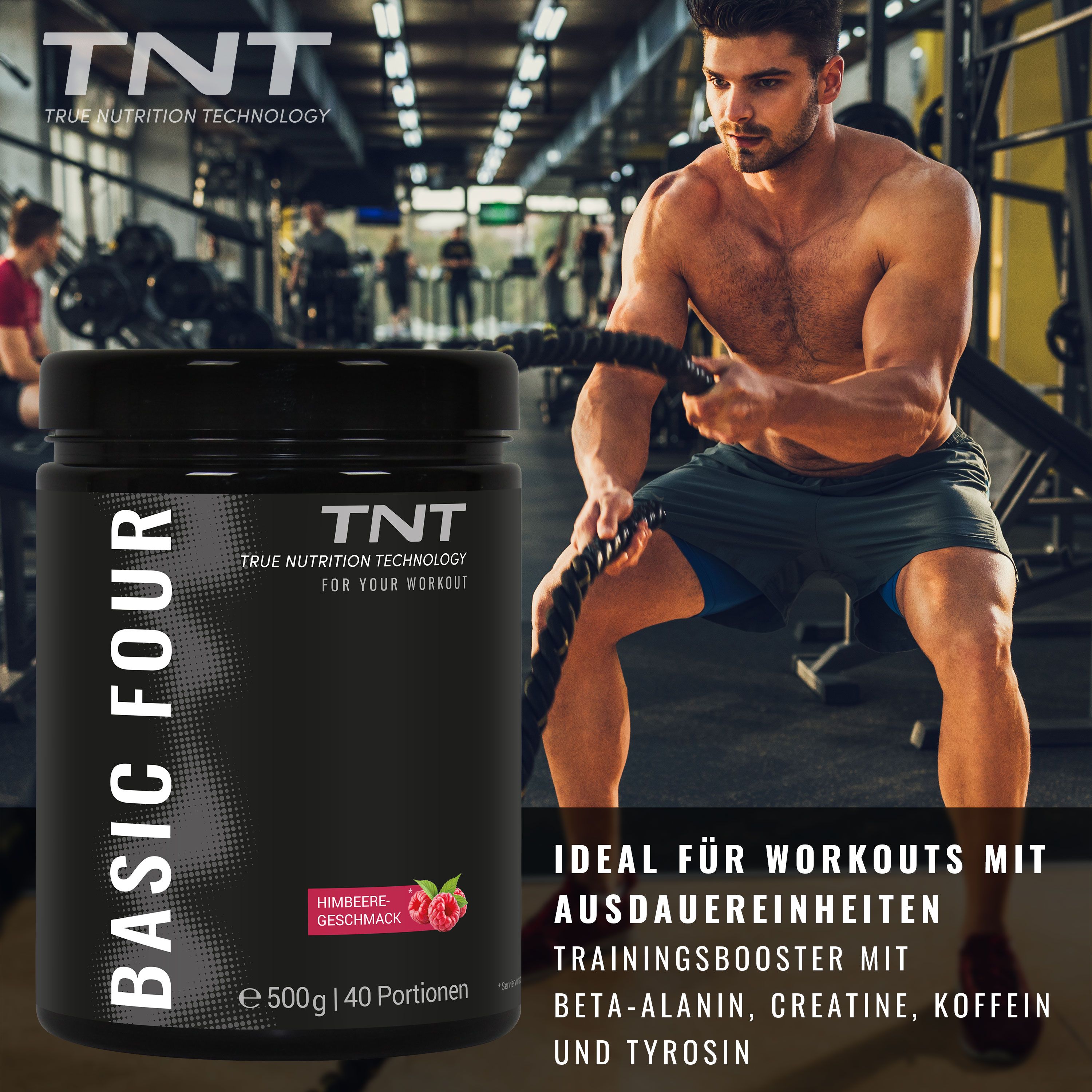 TNT Basic Four-Behälter neben einem Mann beim Seilziehen im Fitnessstudio. Text: Trainingsbooster mit Beta-Alanin, Kreatin, Koffein.