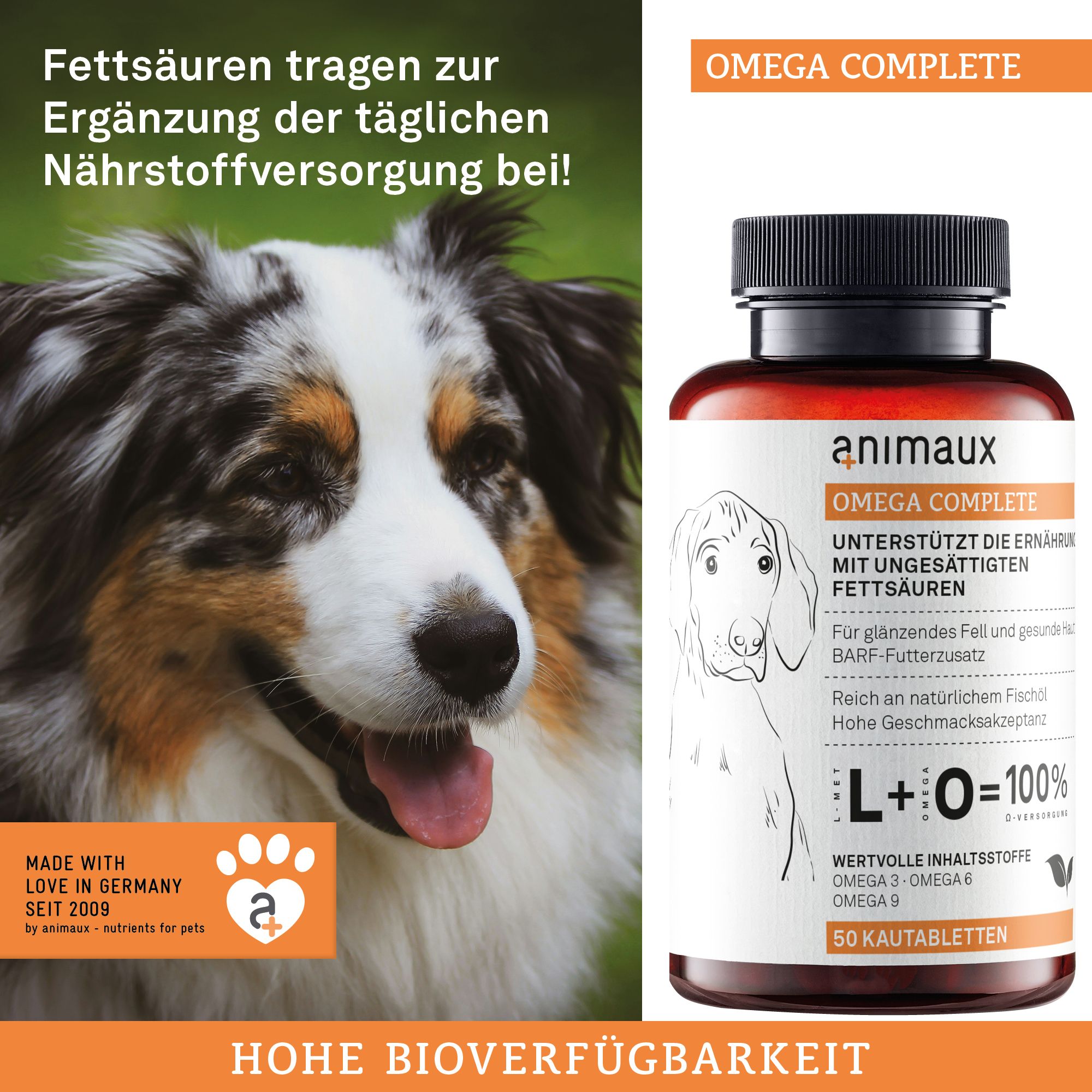 Animaux Omega Complete Kautabletten für Hunde, 50 Stück, mit Hundegesicht-Illustration.