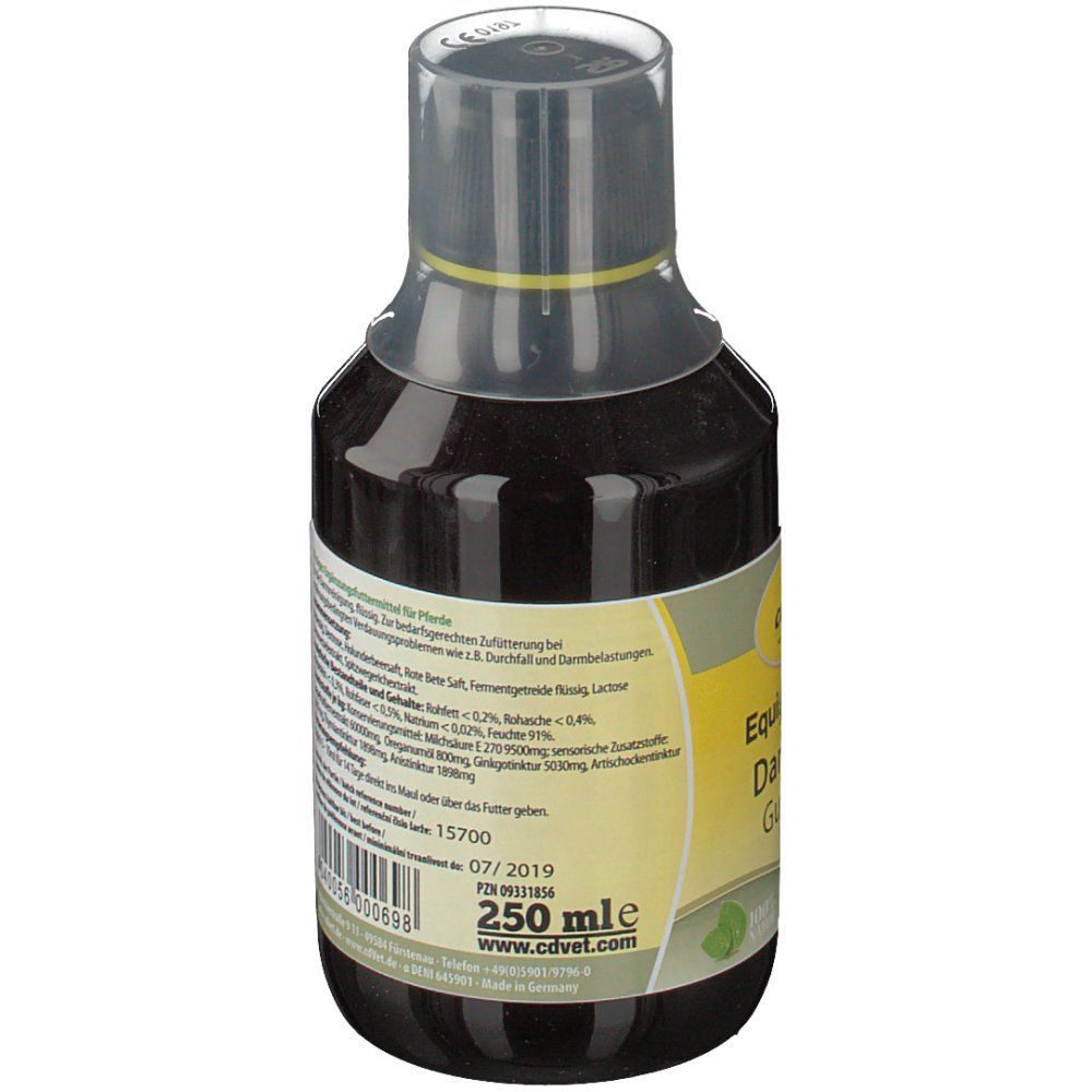 Braune Flüssigkeit in einer Flasche. Etikett mit Produktnamen und Inhaltsangaben. Transparenter Verschluss.