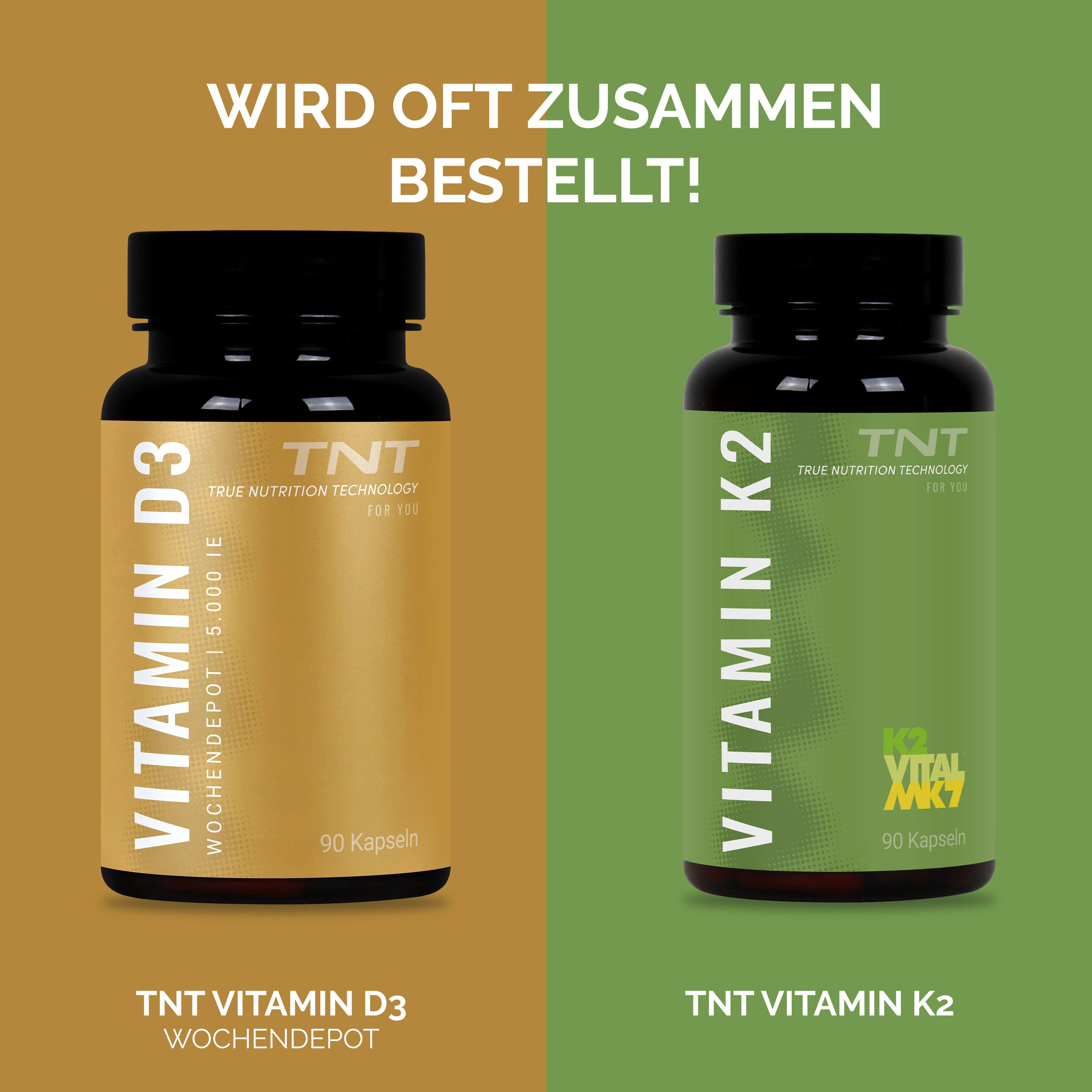 Zwei Flaschen: Vitamin D3 und Vitamin K2. Beide mit schwarzem Deckel. Aufschrift: 90 Kapseln. Marke: TNT.
