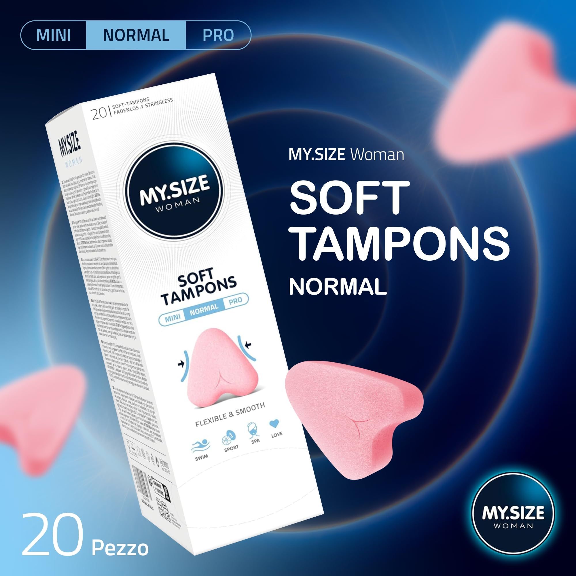 MY.SIZE Woman Soft Tampons Normal Verpackung mit 20 Stück. Rosa Tampons schwebend dargestellt.