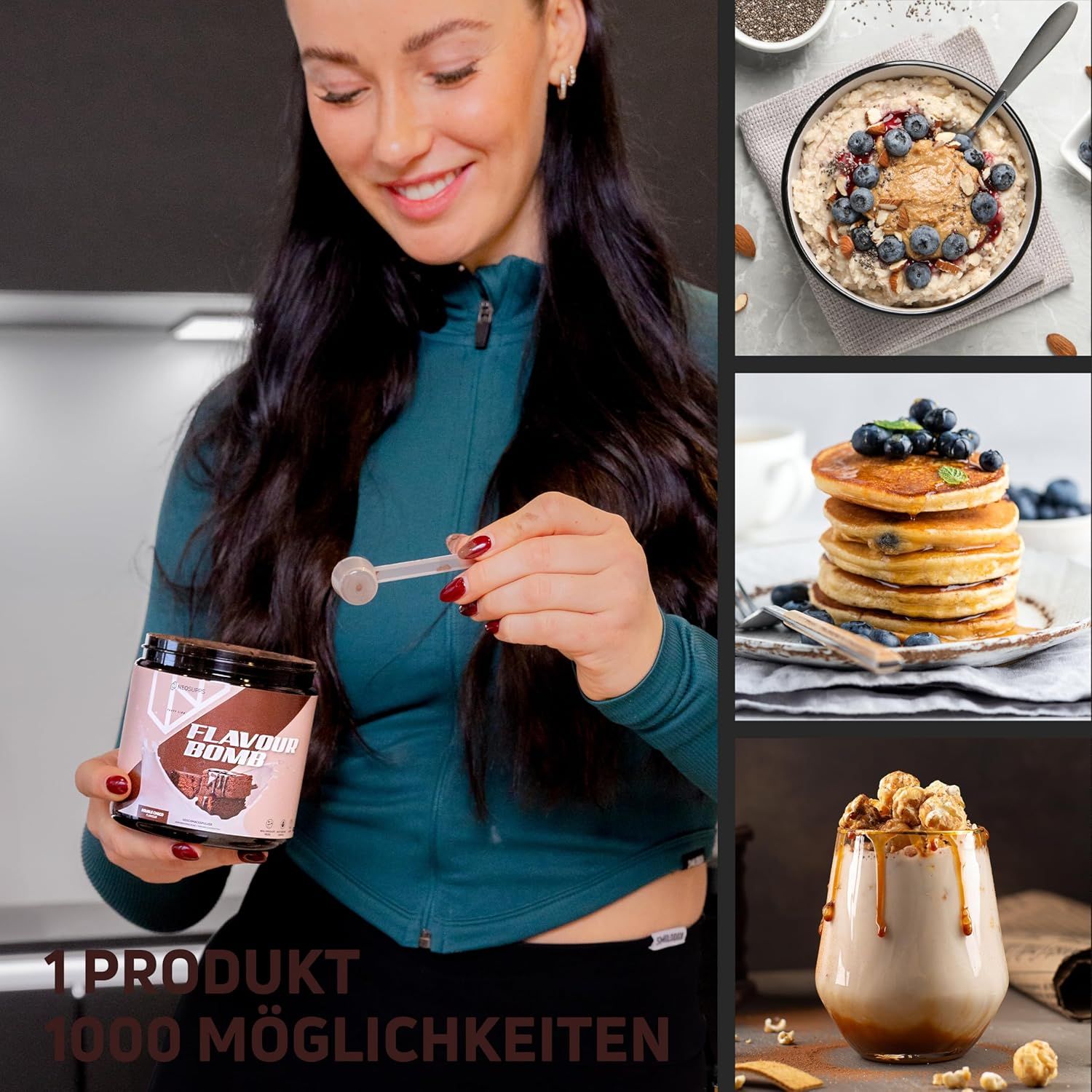 Frau hält Dose und Messlöffel. Mehrere Bilder mit Speisen. Text: 1 Produkt, 1000 Möglichkeiten.