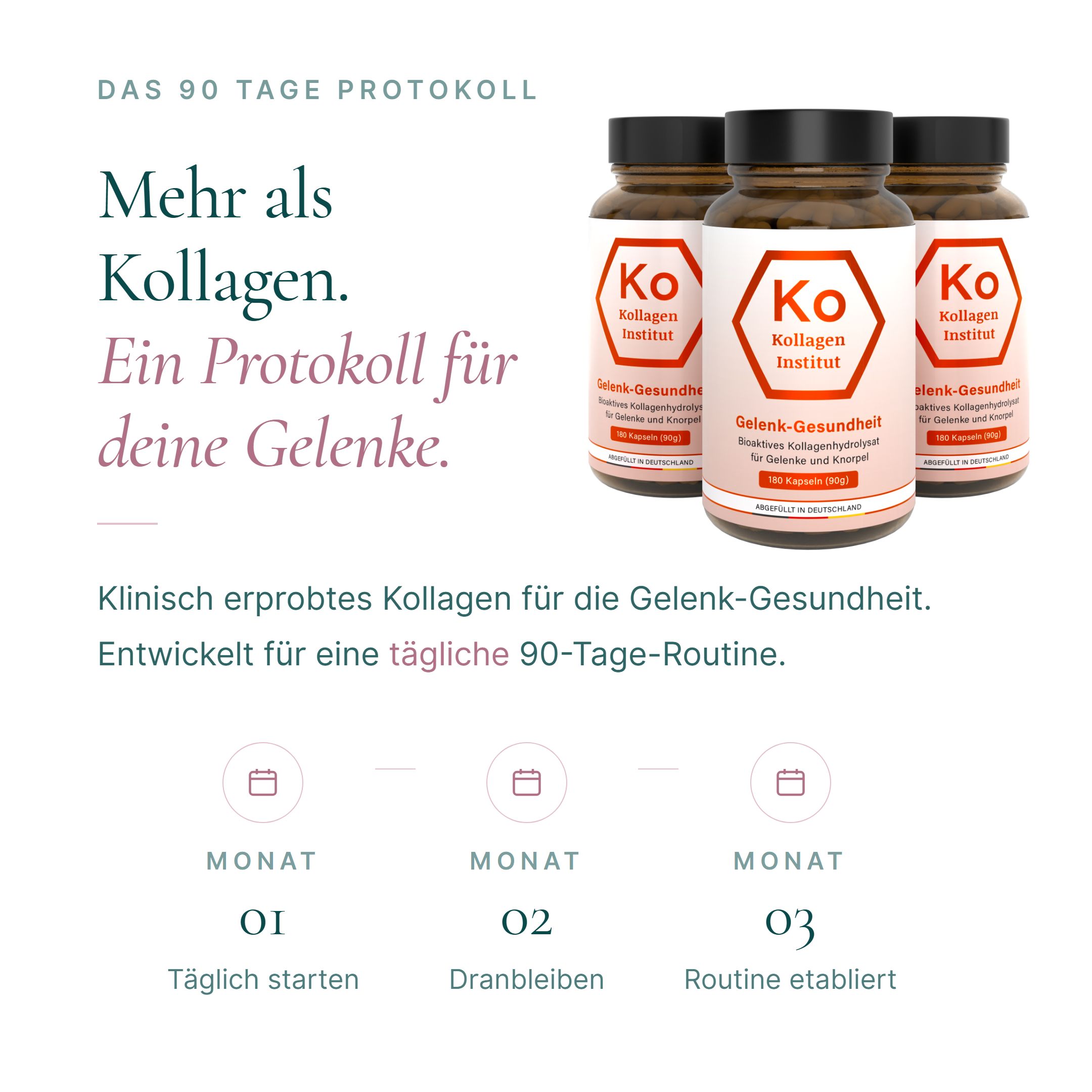Drei Flaschen Kollagen Kapseln für Gelenke und Knorpel, Teil eines 90-Tage-Protokolls.