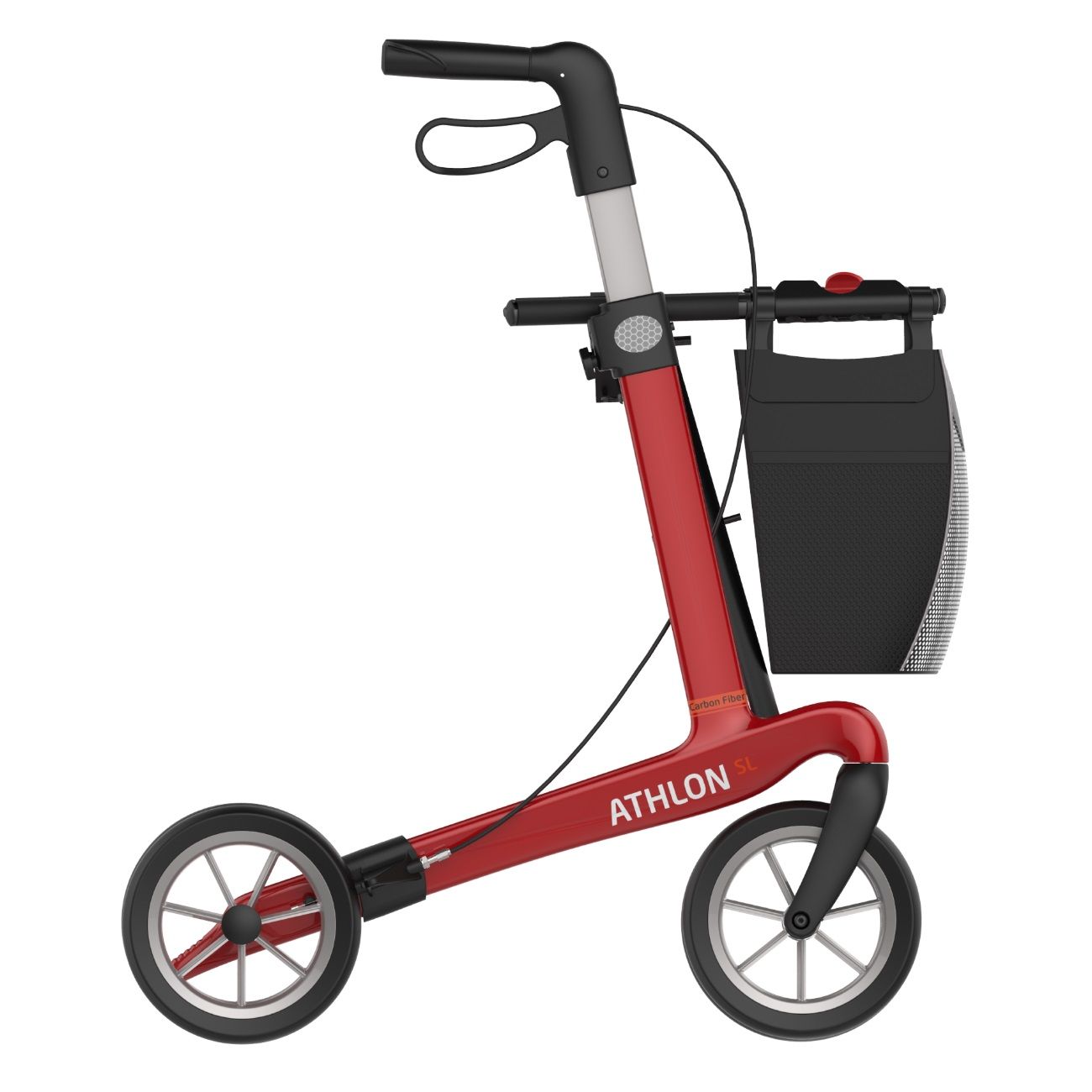 Roter Rollator, Seitenansicht. Schwarze Griffe, Räder und Korb. ATHLON Schriftzug.