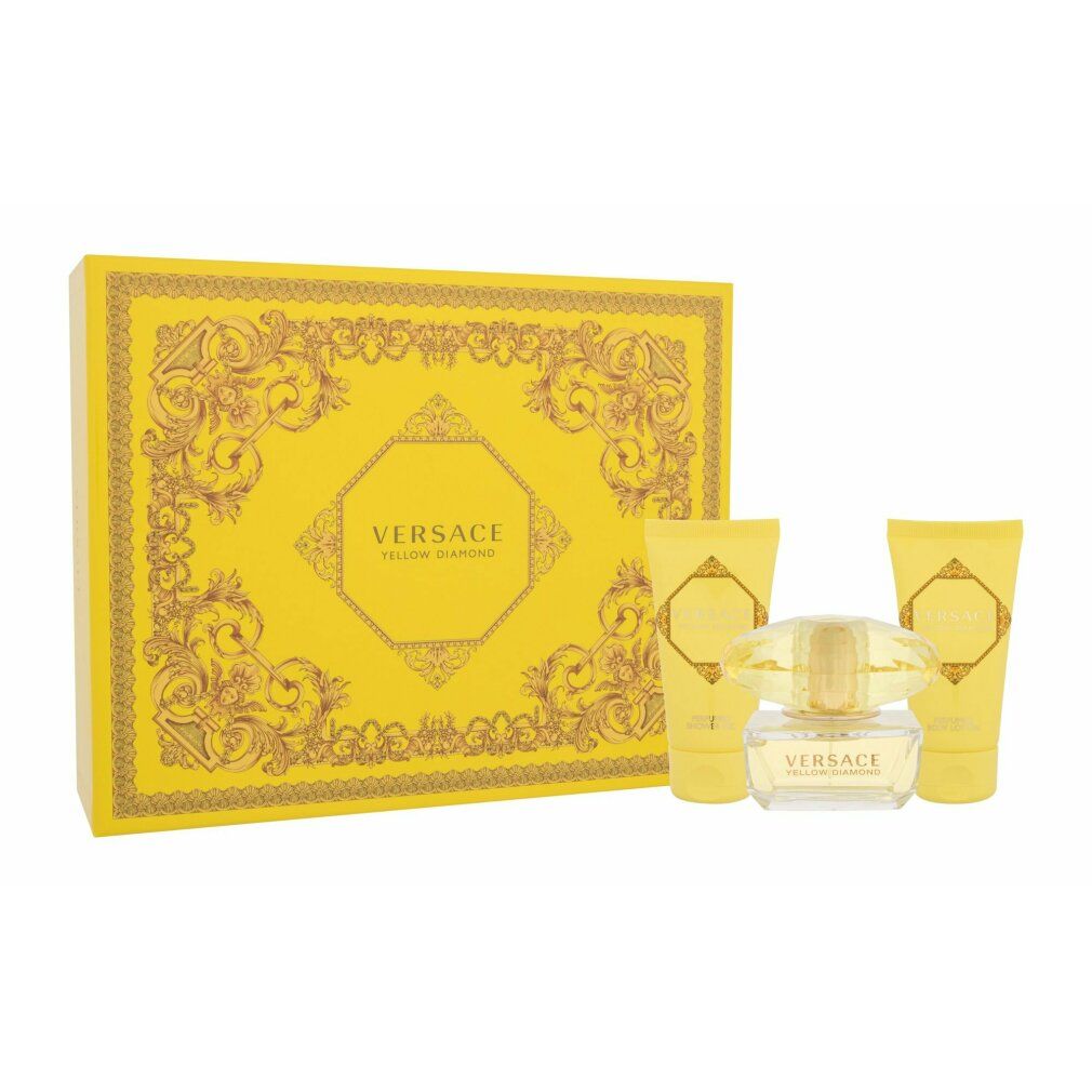 Gelbes Versace Geschenkset mit Parfümflakon und zwei Tuben. Verpackung mit goldenen Ornamenten.