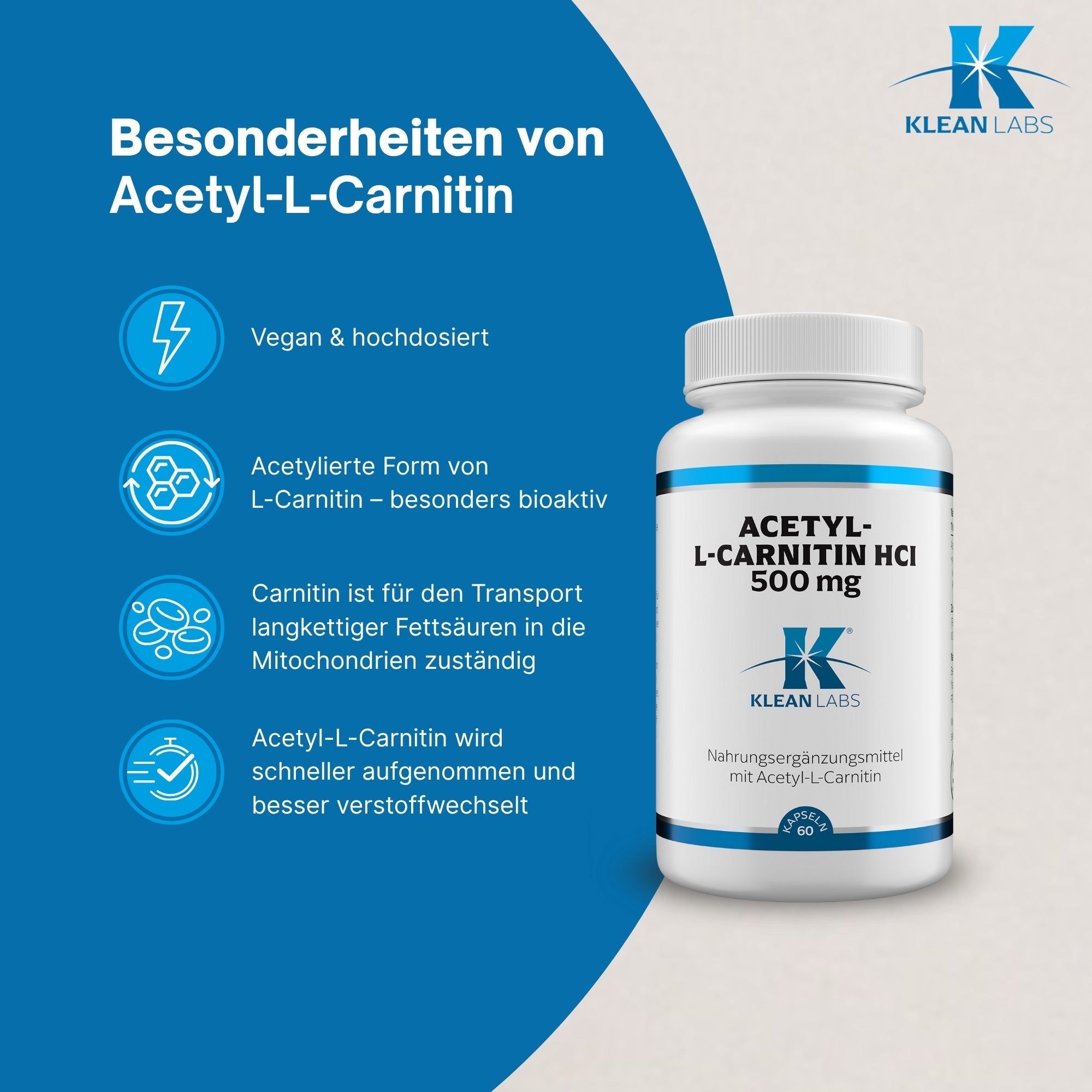 Flasche Klean Labs Acetyl-L-Carnitin HCl 500 mg neben Infografik zu Vorteilen.