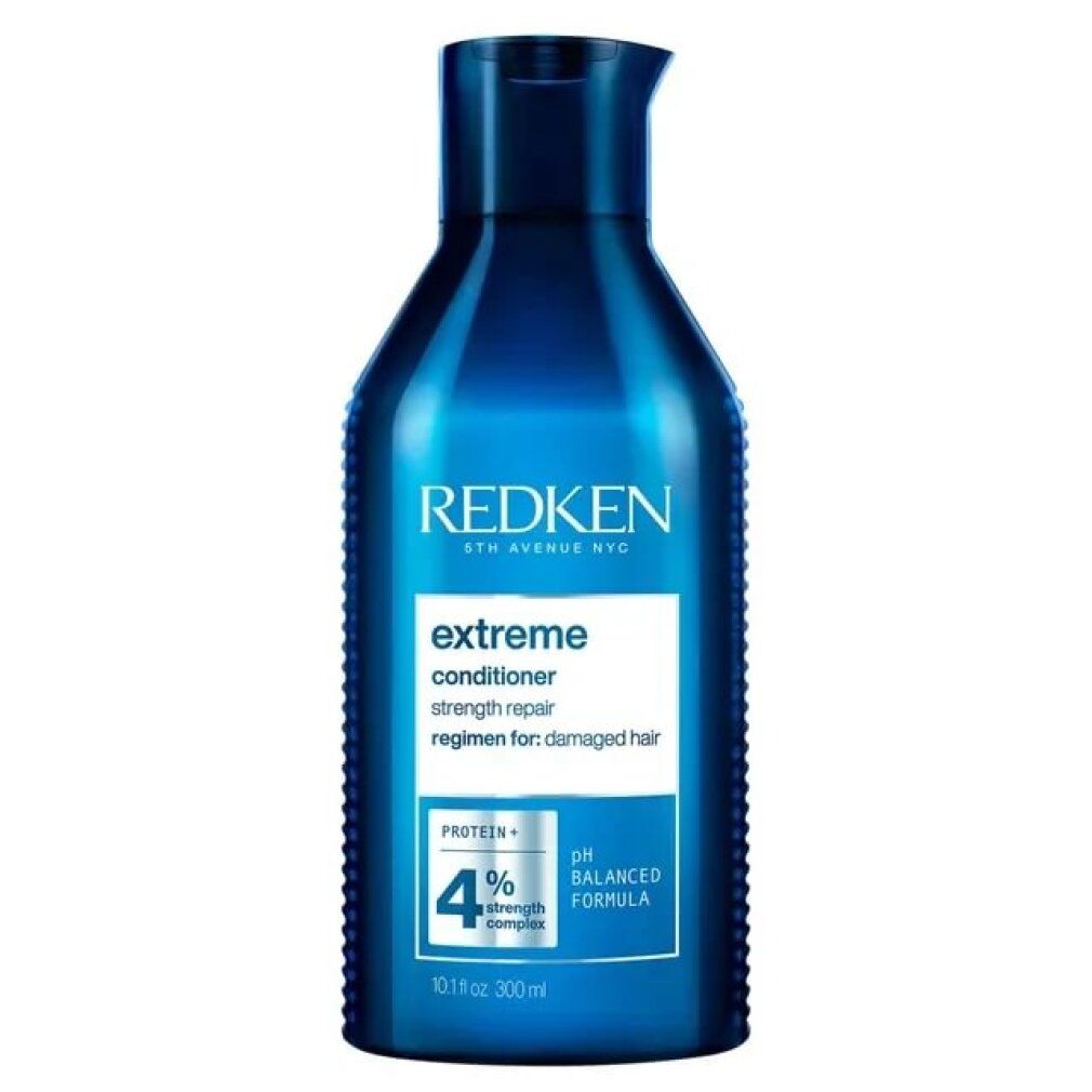 Dunkelblaue Flasche Redken Extreme Conditioner. Enthält 300 ml. Aufschrift: Extreme, pH Balanced Formula, 4% Strength Complex.
