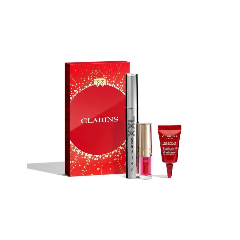 Geschenkset mit roter Verpackung, Mascara, Lipgloss und Augenpflege. Clarins-Logo auf der Verpackung und Mascara.