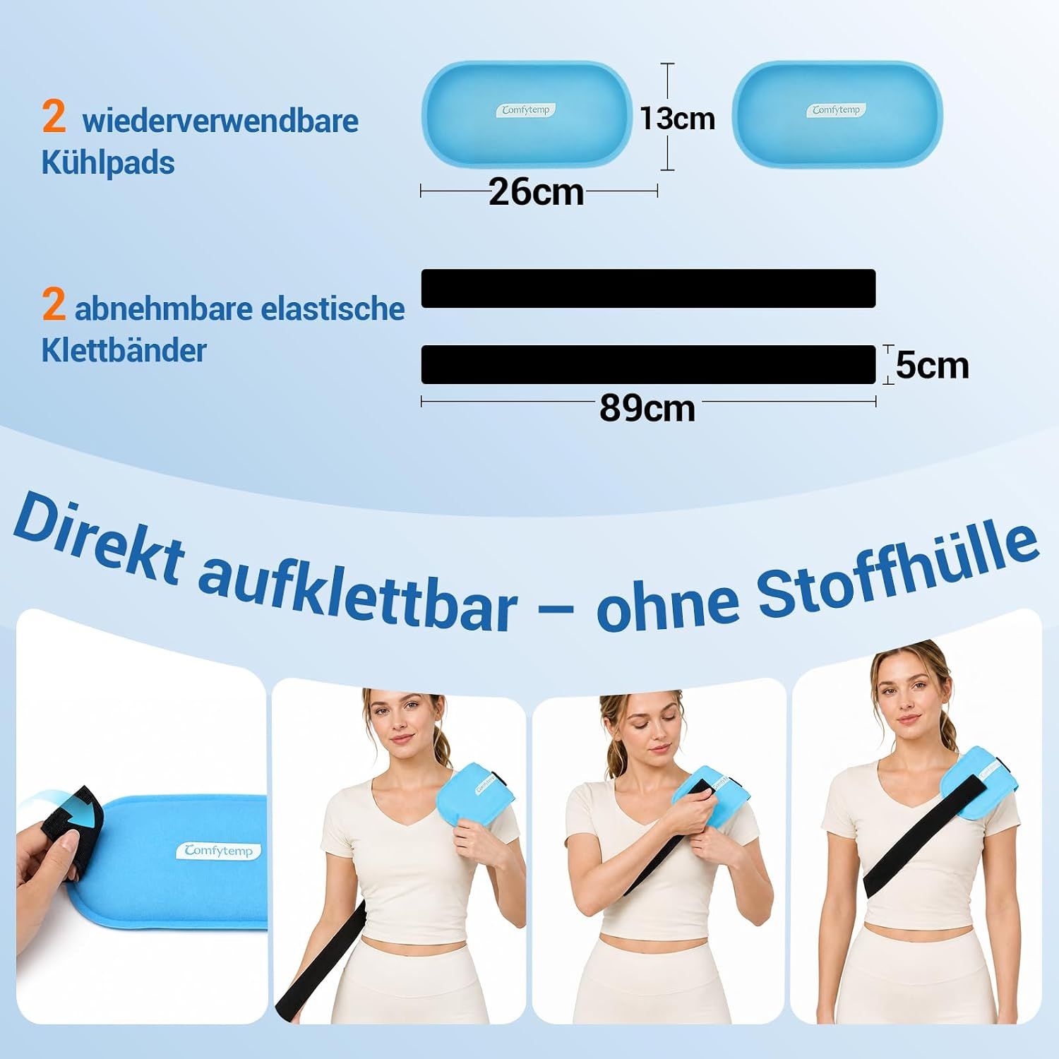 Zwei blaue Kühlpads (26x13cm) und zwei schwarze Klettbänder (89x5cm).