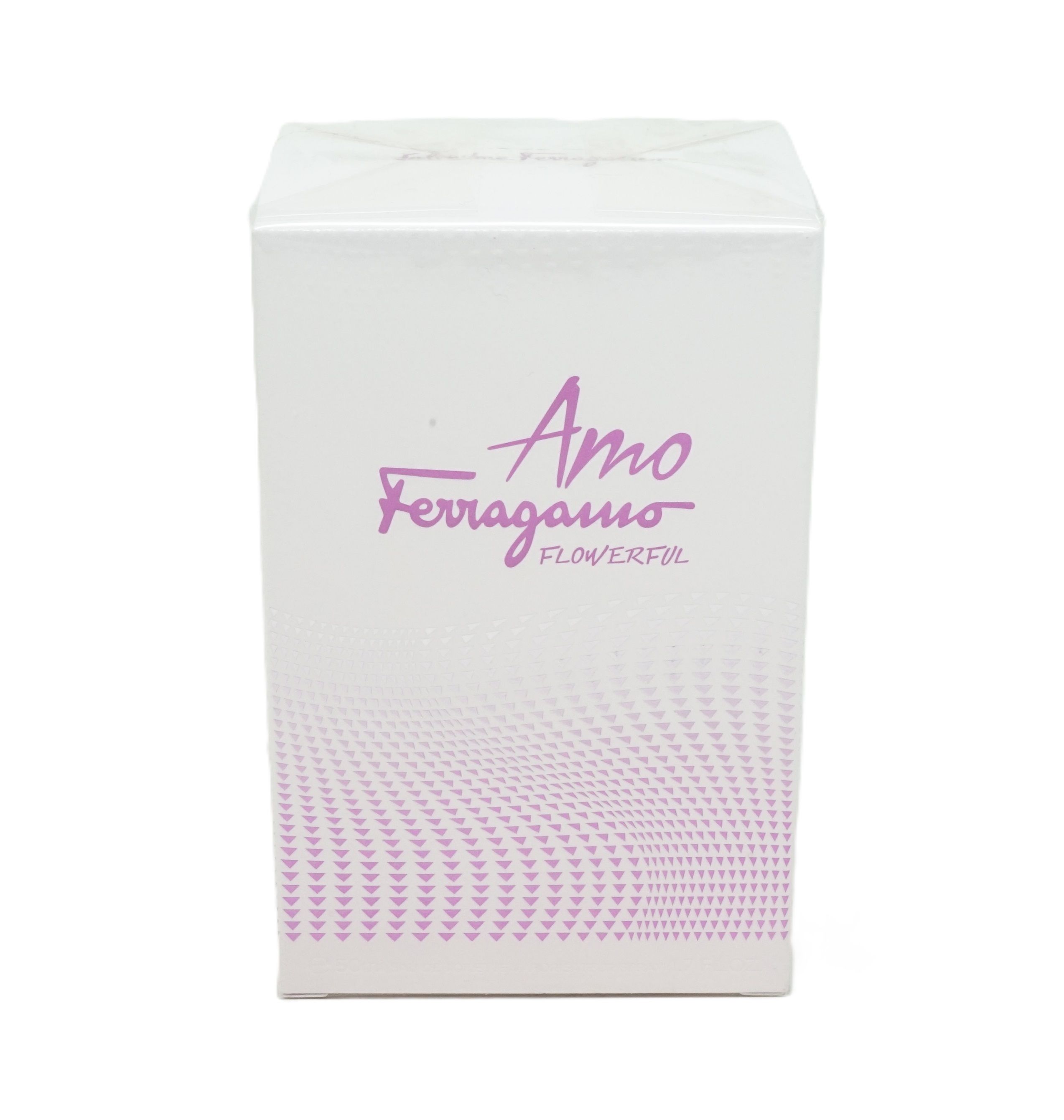 Weißer Karton mit lila Schriftzug Amo Ferragamo Flowerful. Unterer Teil mit lila Muster.