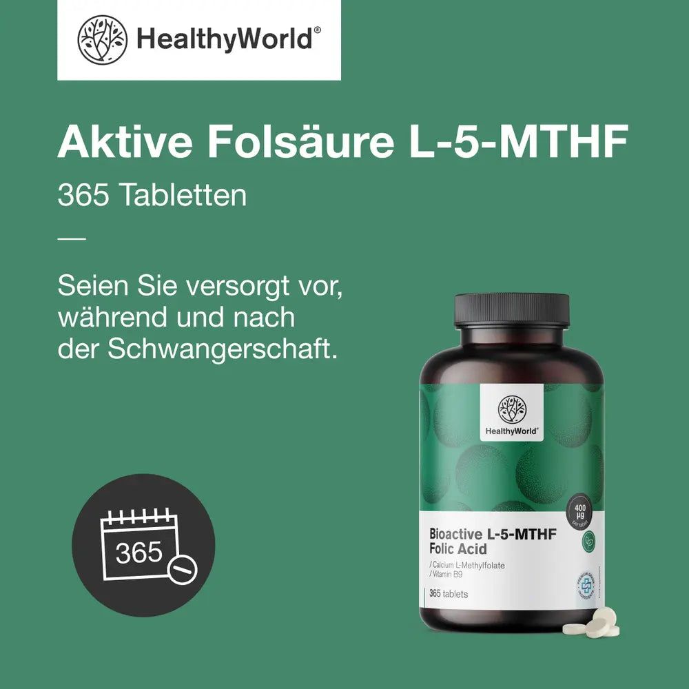 Dose mit 365 Tabletten, Text: Aktive Folsäure L-5-MTHF, für Schwangerschaft.