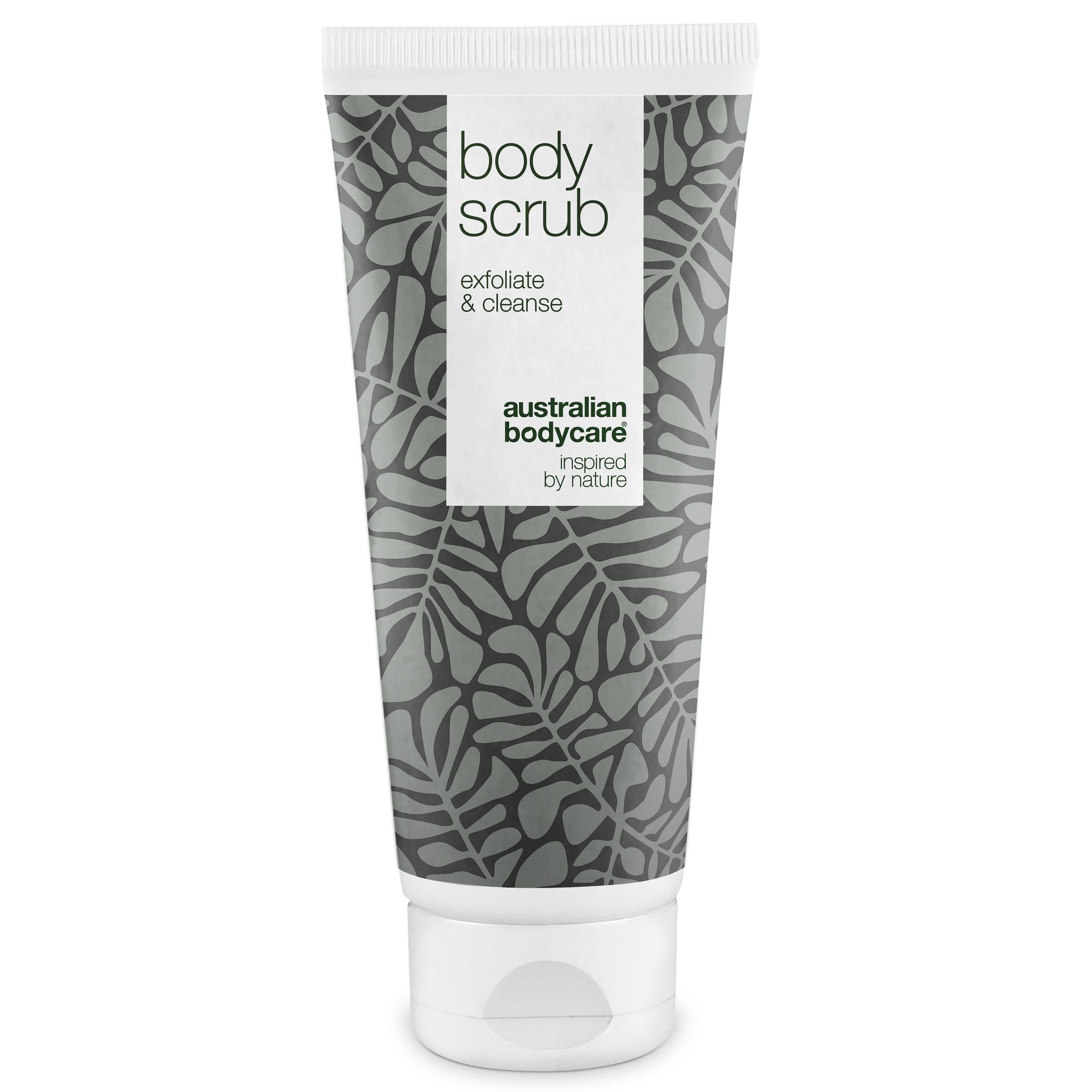 Weiß-graue Tube mit „Body Scrub“-Aufdruck und Blättermuster. Marke: Australian Bodycare.