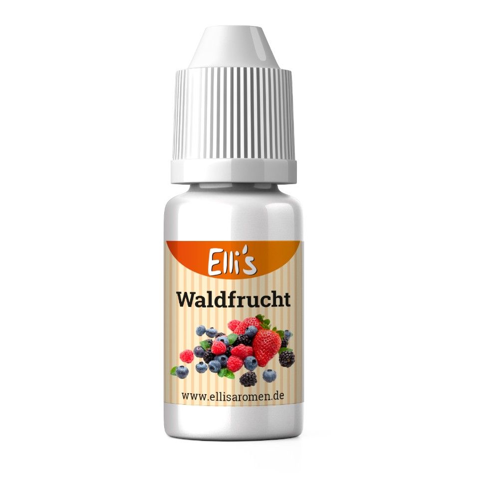 Fläschchen mit weißem Deckel. Aufkleber mit Produktname 'Elli's Waldfrucht' und Abbildung von Beeren.