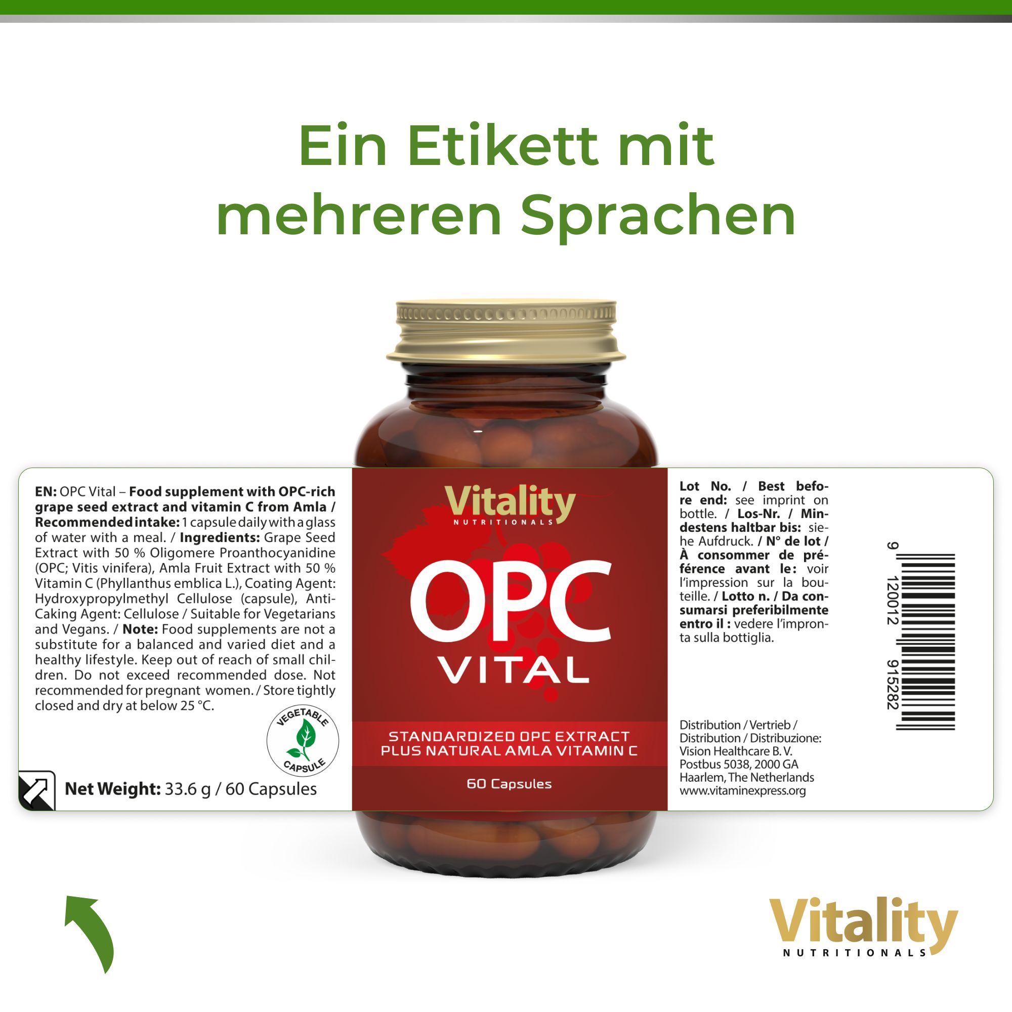 Braune Flasche mit Etikett. Text: OPC Vital. Etikett mit mehreren Sprachen. Enthält 60 Kapseln.
