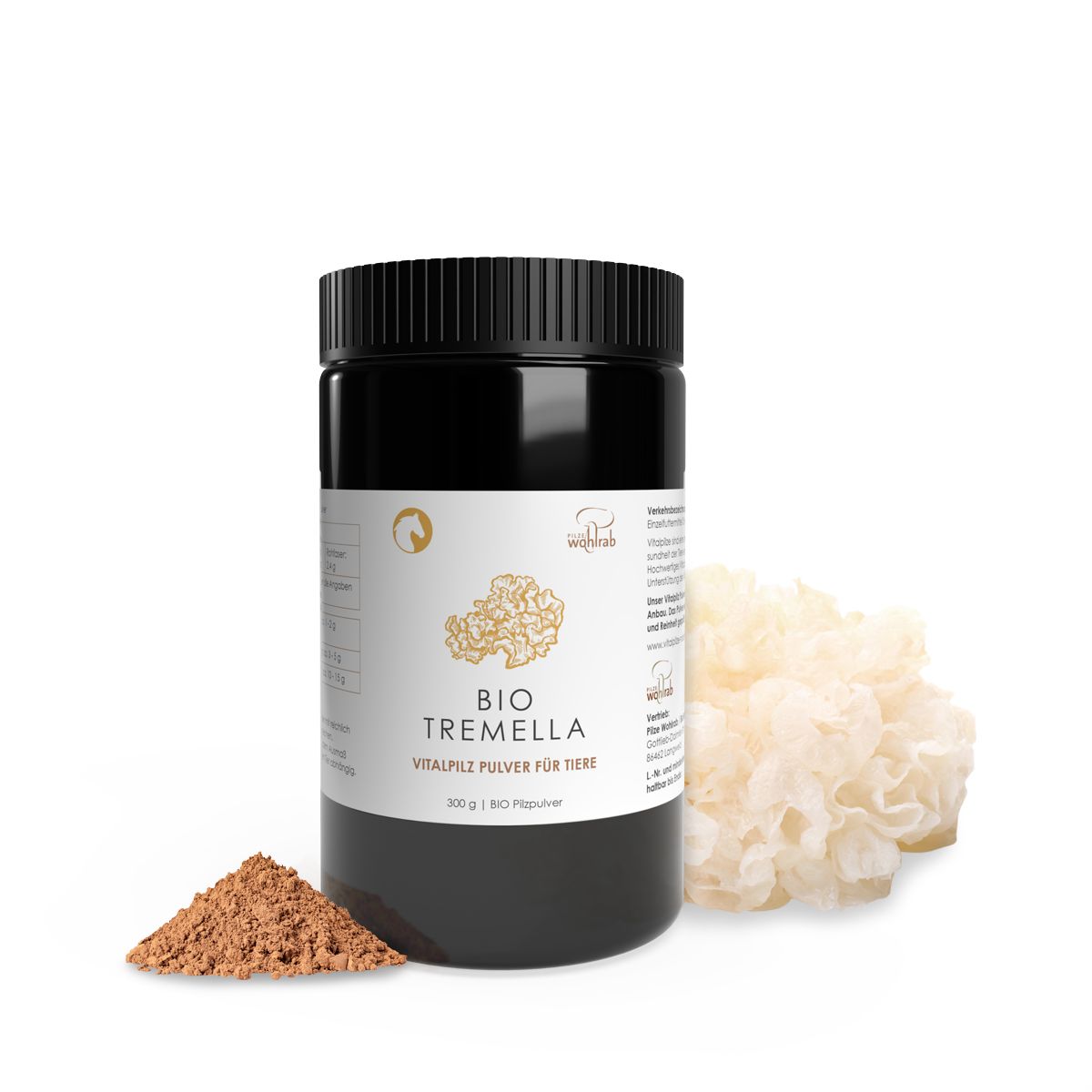 Schwarze Dose mit weißem Etikett. BIO TREMELLA Pulver für Tiere. Daneben braunes Pulver und Pilz.