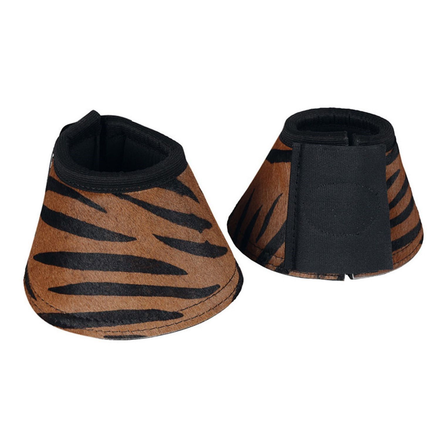 Zwei Hufglocken mit Tigerfellmuster. Schwarze Kanten und Klettverschluss. Kegelförmig.