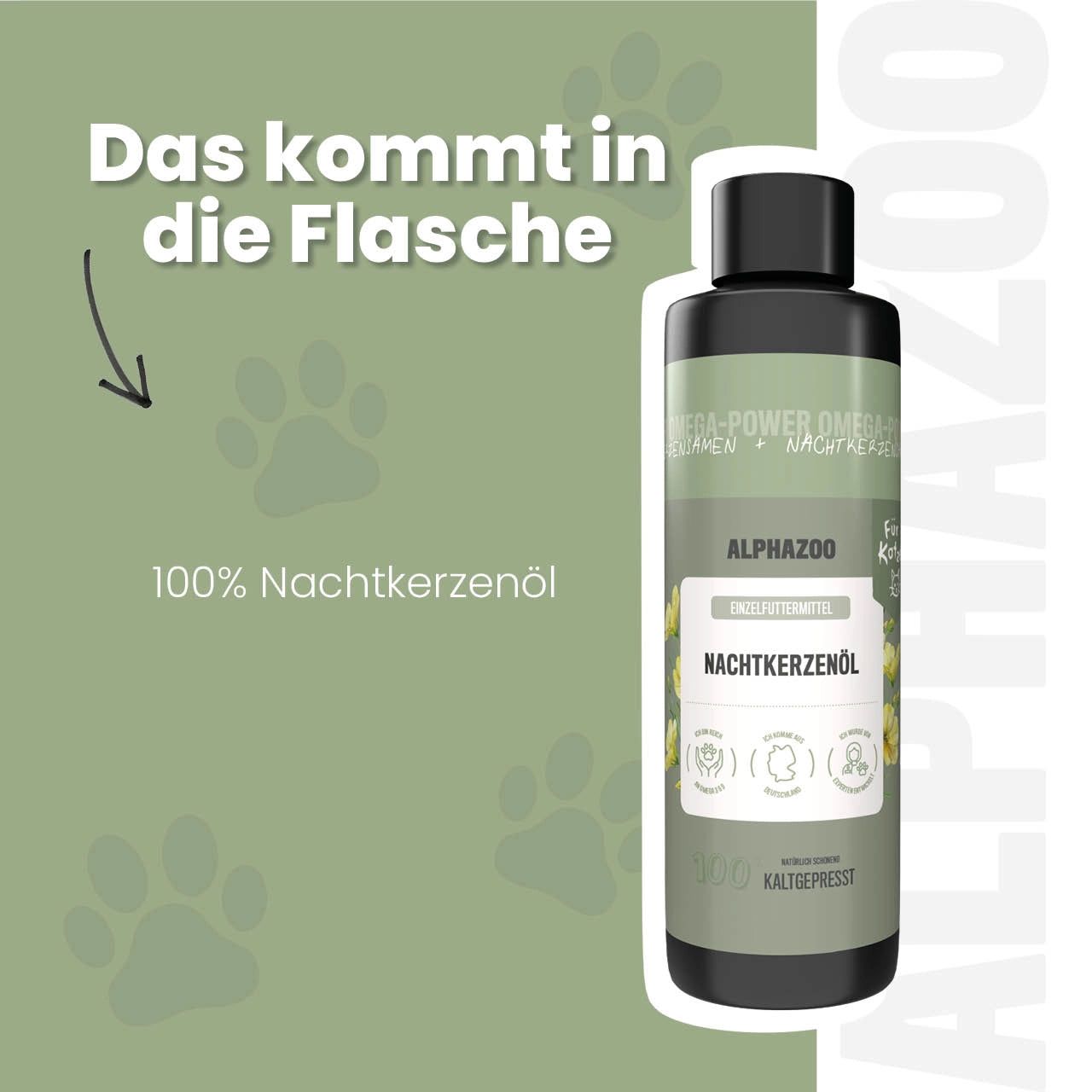 Flasche mit Nachtkerzenöl. Text: Das kommt in die Flasche. 100% Nachtkerzenöl. Etikett mit Produktinformationen und Logos.
