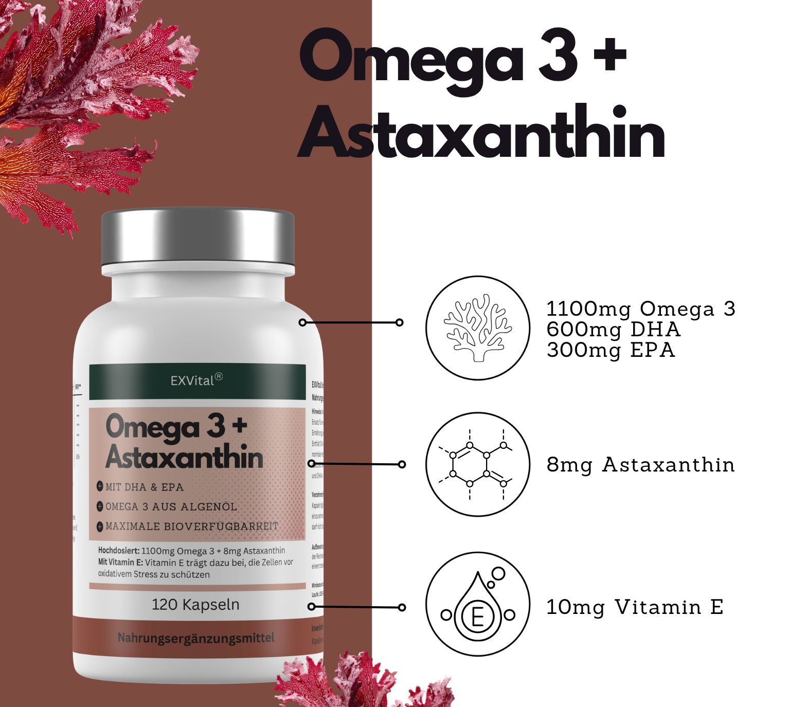 Flasche EXVital Omega 3 + Astaxanthin mit Icons für Inhaltsstoffe und Dosierung.