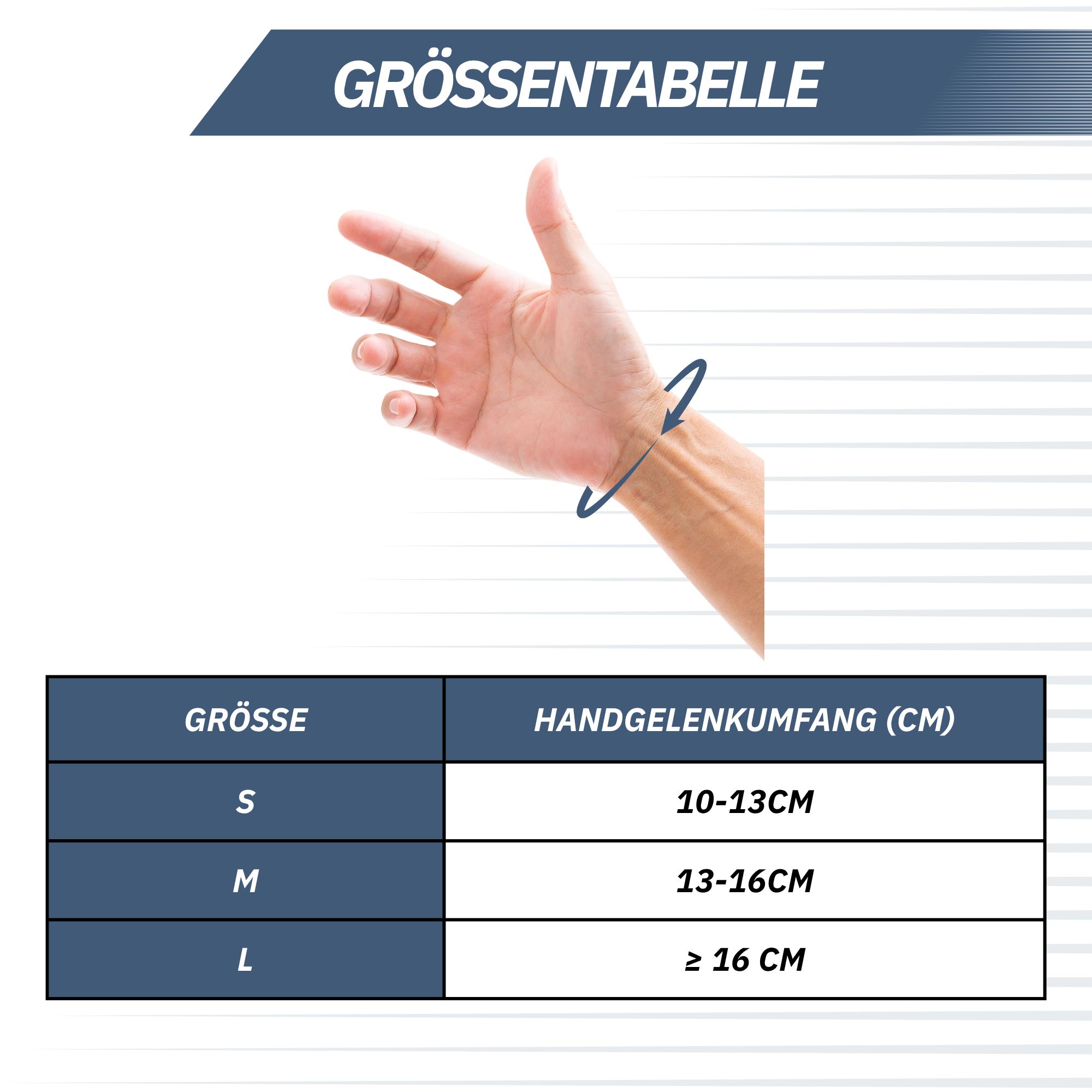 Größentabelle für Handgelenkbandagen: S (10-13cm), M (13-16cm), L (≥16cm).