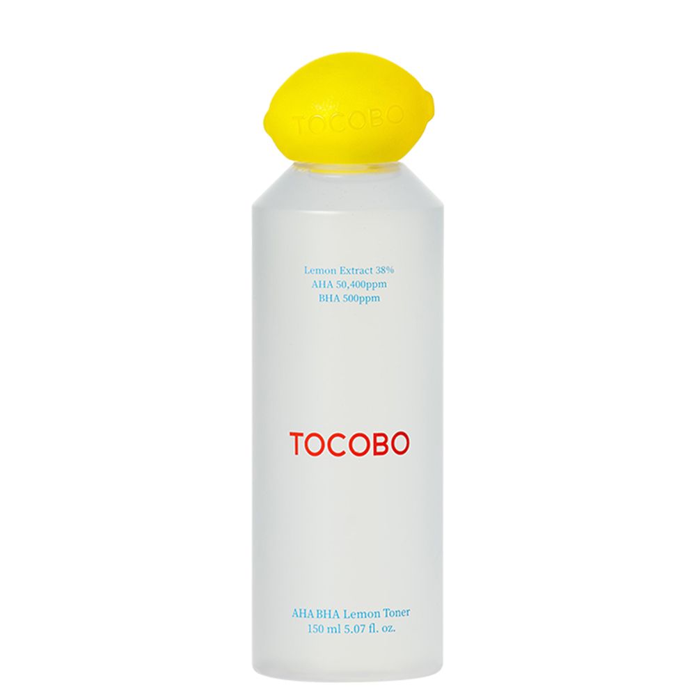 TOCOBO AHA BHA Lemon Toner in weißer Flasche mit gelbem Zitronenverschluss.
