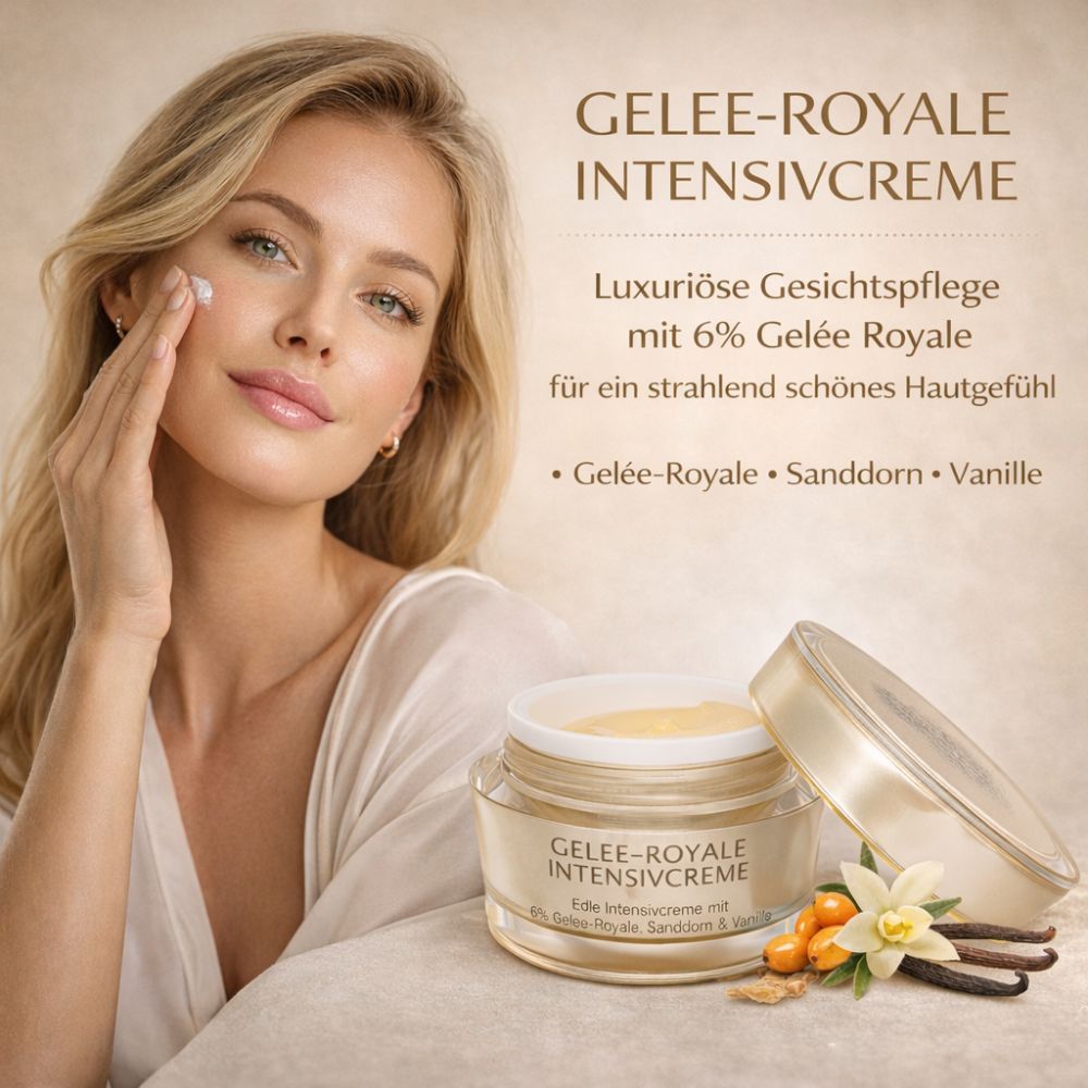 Frau trägt Creme auf. Geöffnete Creme-Dose mit Aufschrift "GELEE-ROYALE INTENSIVCREME". Vanille und Sanddorn.