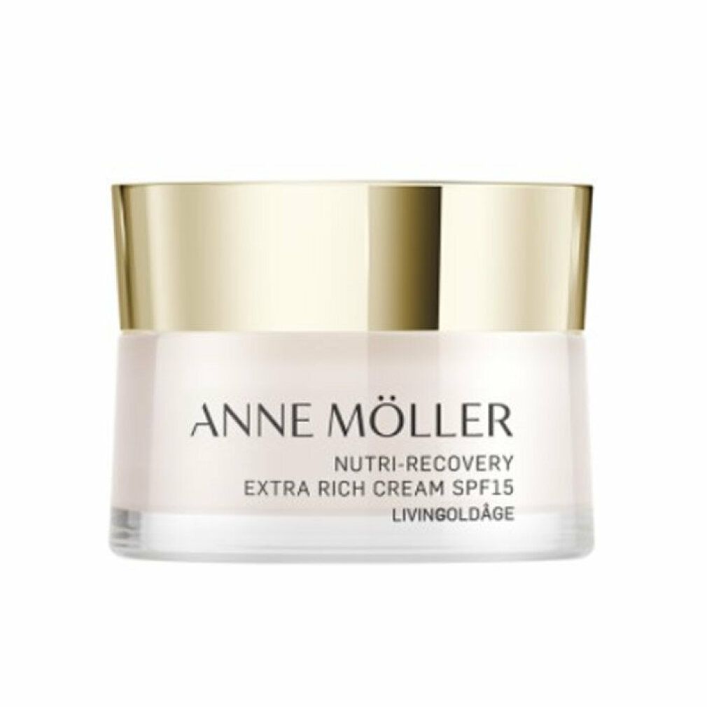 Creme-Tiegel mit goldfarbenem Deckel. Aufschrift: ANNE MÖLLER, NUTRI-RECOVERY, EXTRA RICH CREAM SPF15, LIVINGOLDÂGE.