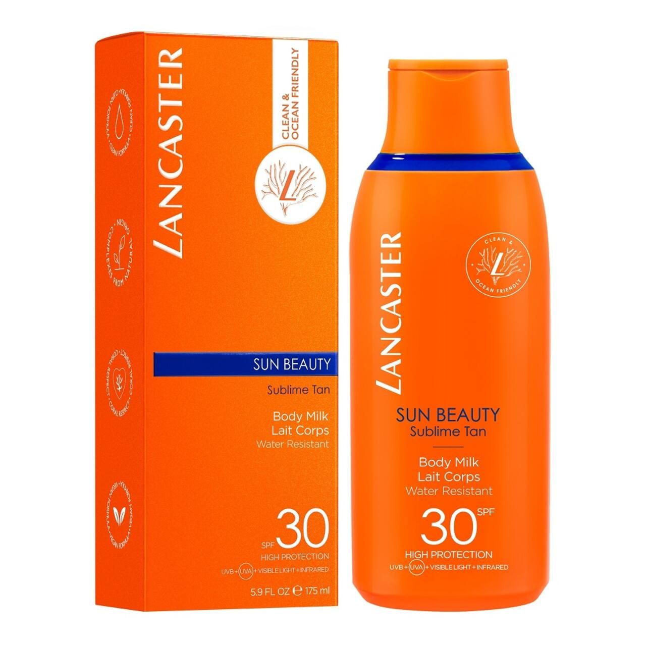 Orangefarbene Flasche und Verpackung. Produktname und SPF 30 sind sichtbar. Text: Lancaster, Sun Beauty, Body Milk, Water Resistant.