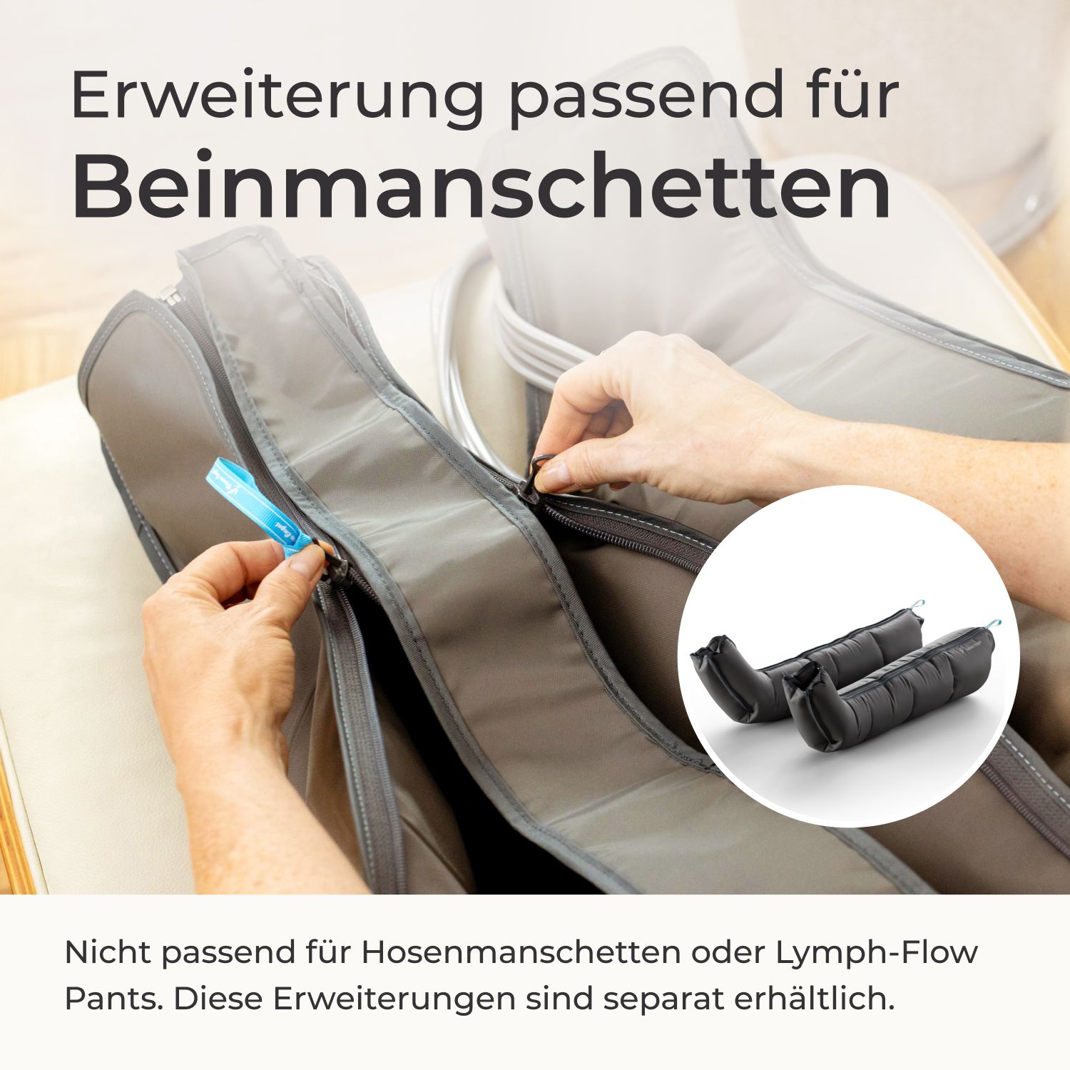 Graue Erweiterungen für Beinmanschetten, die an einer offenen Manschette befestigt werden.