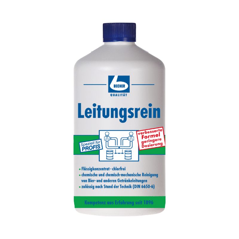 Weiße Flasche mit blauem Deckel. Aufschrift "Leitungsrein". Logo und Text: "Speziel für PROFIS". Zusätzliche Texte und Diagramm.
