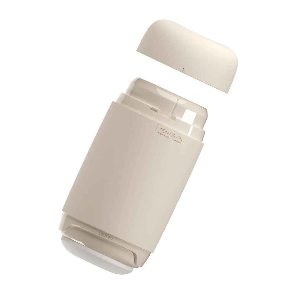 TENGA Puffy Masturbator in Beige, Deckel abgenommen.