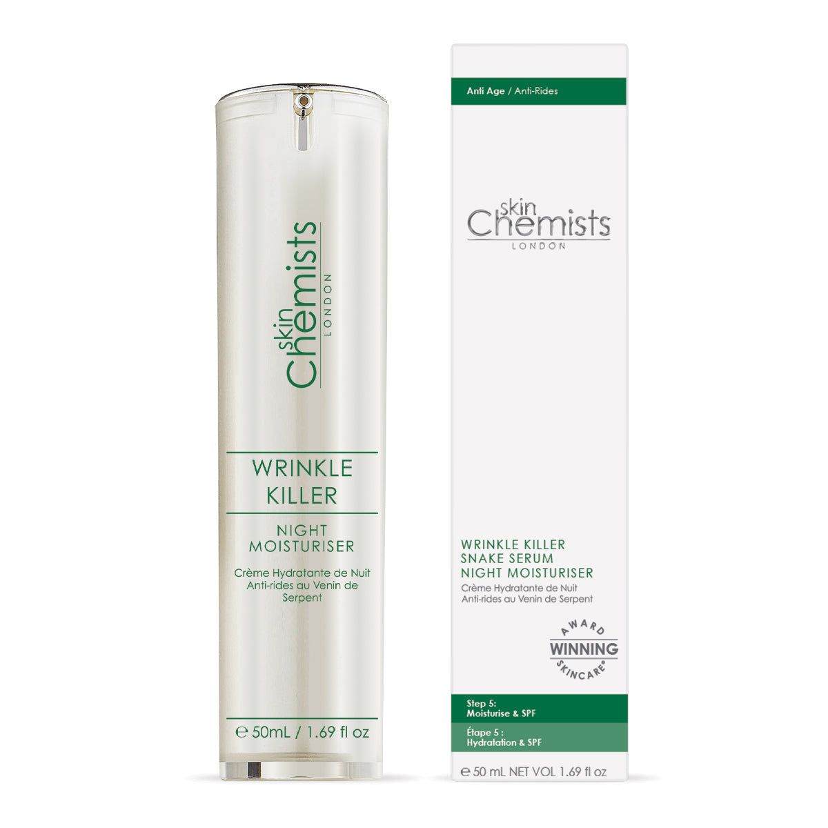 Flasche und Schachtel. Flasche: zylindrisch, Etikett mit Text: Wrinkle Killer, Night Moisturiser. Schachtel: weiß, Text: Wrinkle Killer, Snake Serum.