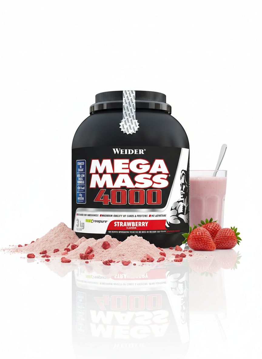 Weider Mega Mass 4000 Erdbeergeschmack: Behälter, Pulver, Glas mit Shake und Erdbeeren.