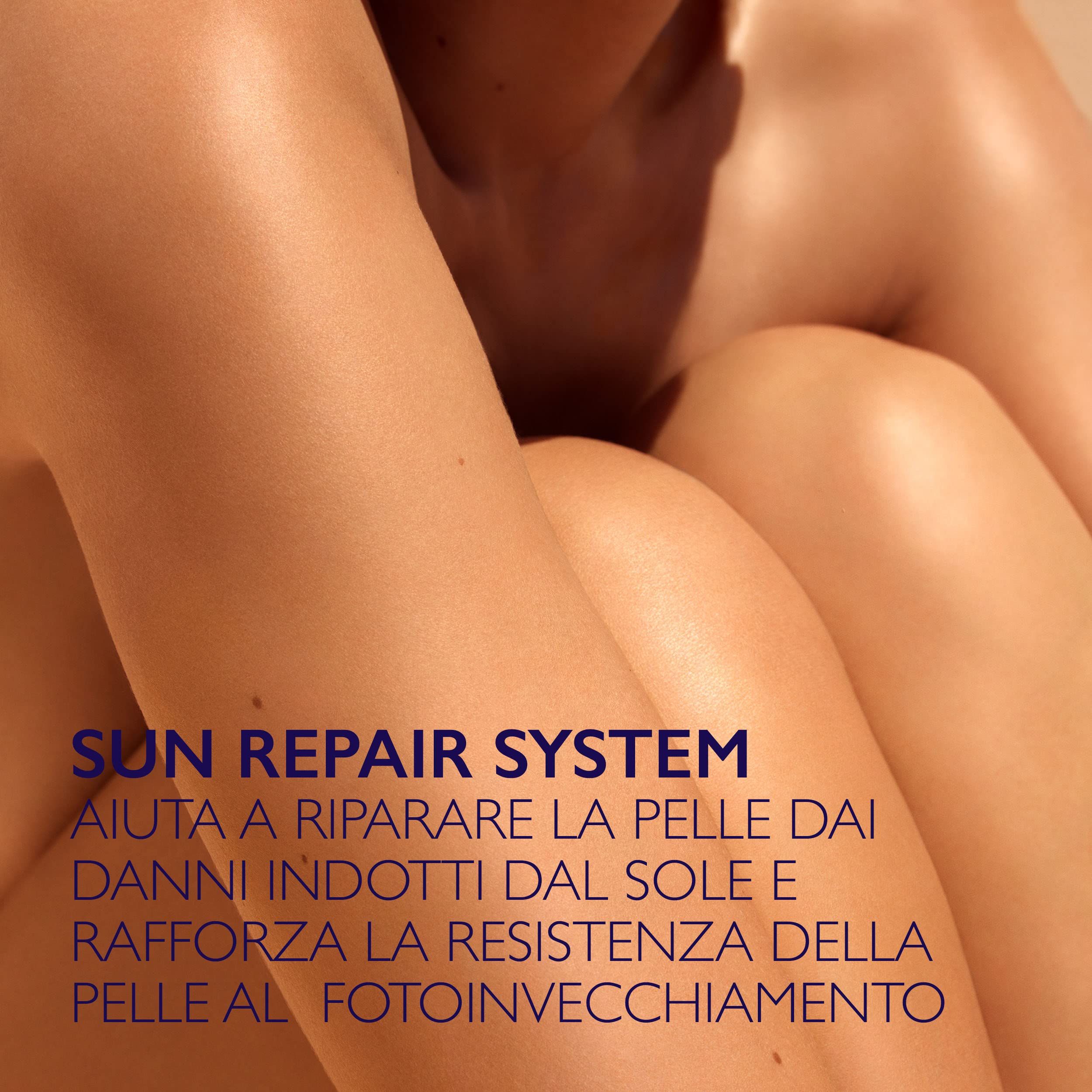 Text auf blauem Hintergrund: Sun Repair System. Hilft, die Haut vor Sonnenschäden zu reparieren und zu stärken.