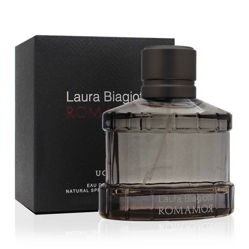 Flakon und Schachtel von Laura Biagiotti Romamor Uomo Eau de Toilette. Flakon und Schachtel in dunklen Grautönen.