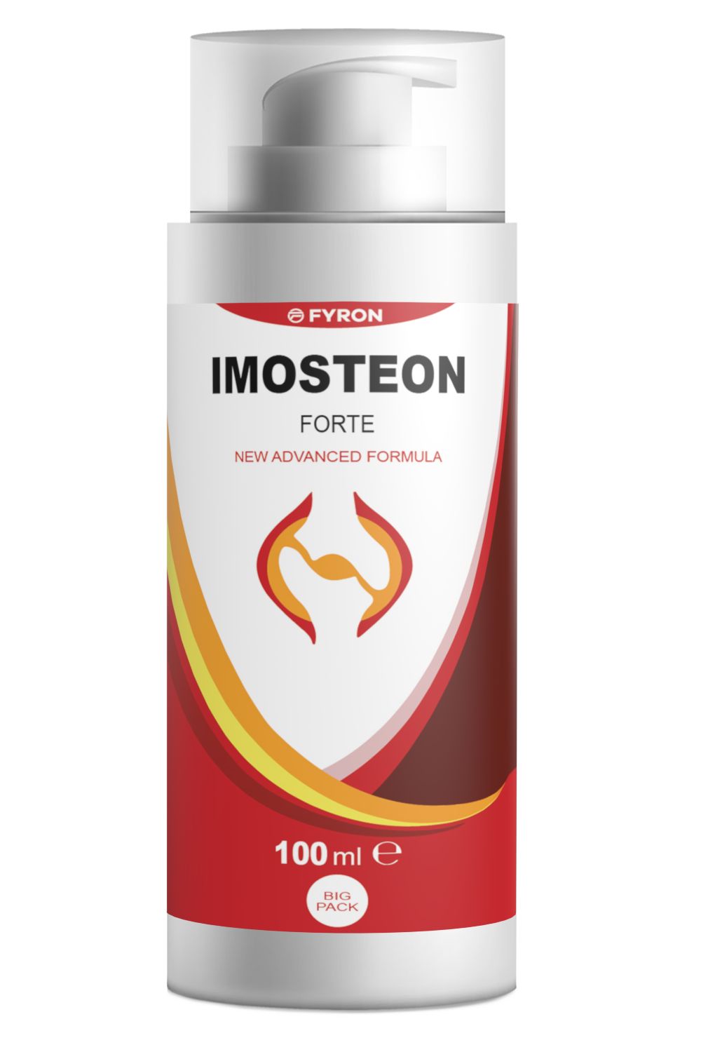 Weiße Flasche mit Pumpkopf. Aufschrift: IMOSTEON FORTE, NEW ADVANCED FORMULA. Roter Hintergrund mit gelben Akzenten. 100 ml.