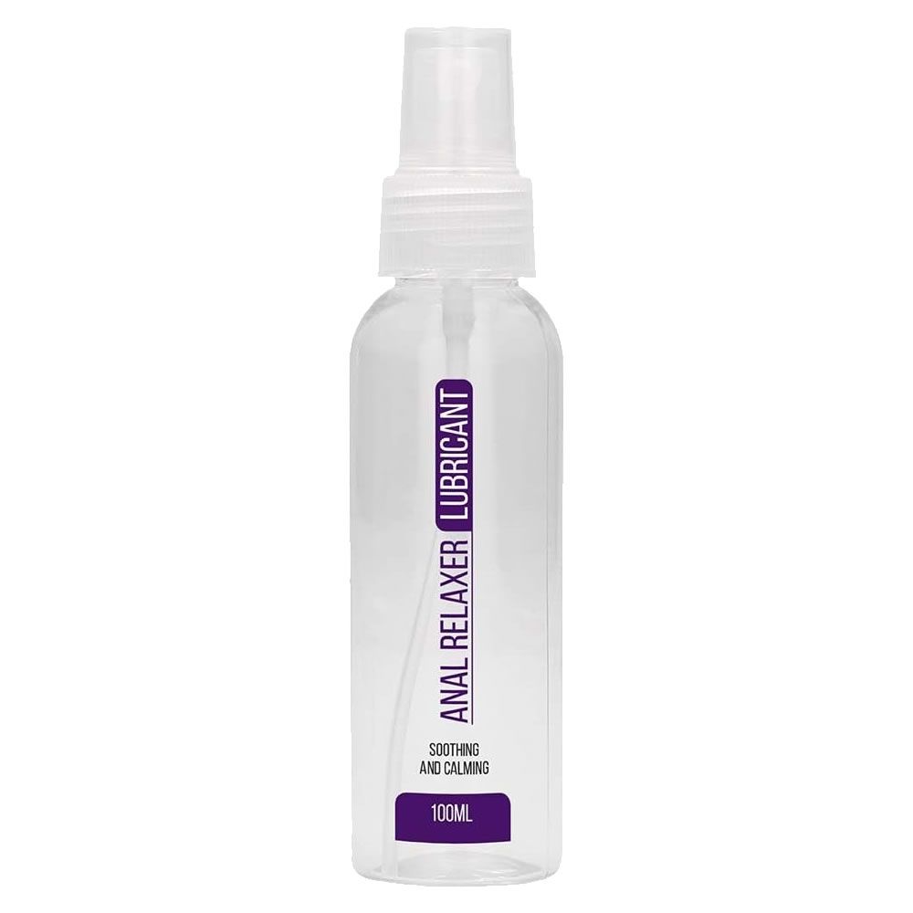 Transparente Flasche mit Sprühkopf. Aufschrift: ANAL RELAXER LUBRICANT. Untertitel: Soothing and calming. Volumen: 100ml.