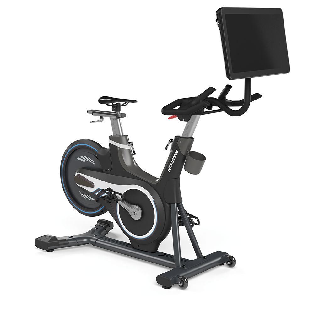 Ergometer, schwarz-grau. Großes Display, Pedale, Sattel und Lenker. Horizon Fitness Logo. Blaue Akzente am Schwungrad.