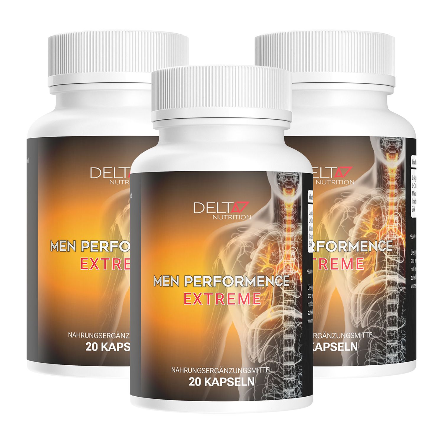 Drei weiße Flaschen mit schwarzen Etiketten. Aufschrift: Men Performance Extreme. 20 Kapseln. Marke: Delta7 Nutrition.