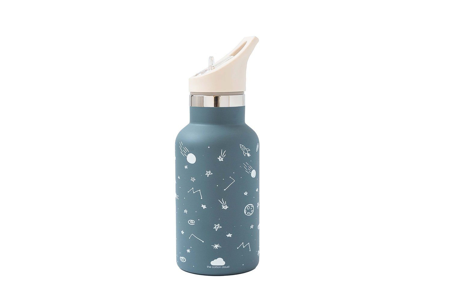 Edelstahl-Trinkflasche, blau, mit Weltraum-Motiv. Mit Trinkaufsatz. Auf weißem Hintergrund.