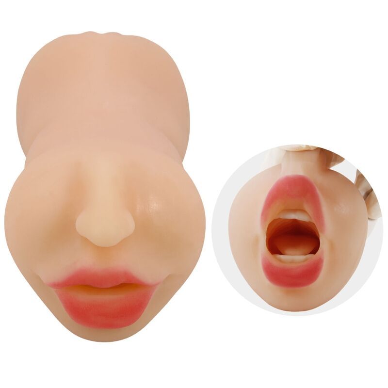 Stimulator mit Gesicht. Hautfarbenes Material. Mund mit roten Lippen. Zusätzliche Nahaufnahme.