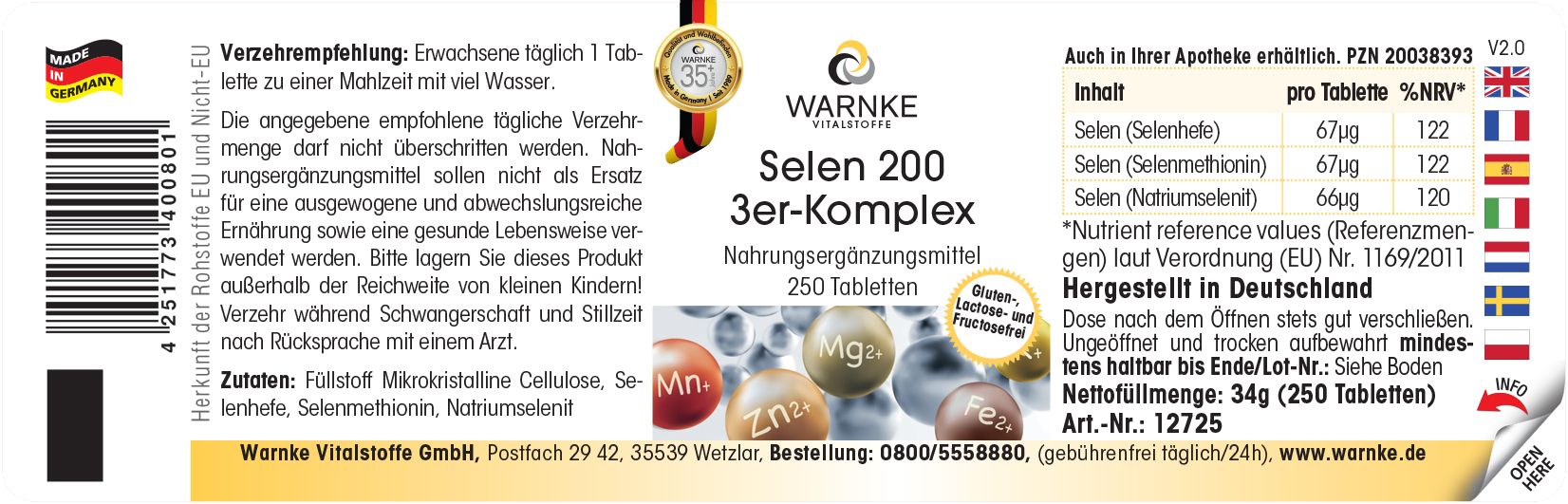 Etikett mit Produktinformationen. Aufschrift: Warnke Vitalstoffe Selen 200 3er-Komplex. 250 Tabletten. Hergestellt in Deutschland.