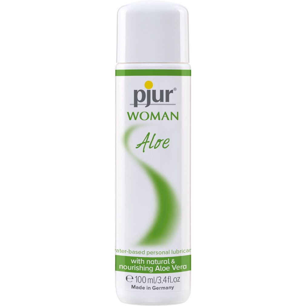 Weiße Flasche mit gelbem Etikett. Aufschrift: pjur WOMAN Aloe. Wasserbasiertes Gleitmittel mit Aloe Vera. 100 ml/3.4 fl oz.