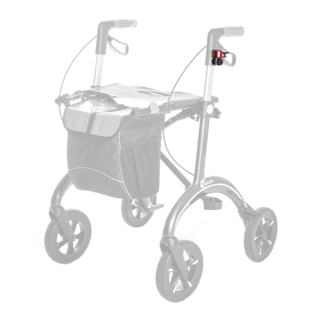 Rollator mit roter Klingel am Griff. Schwarze Tasche und Räder. Seitenansicht.