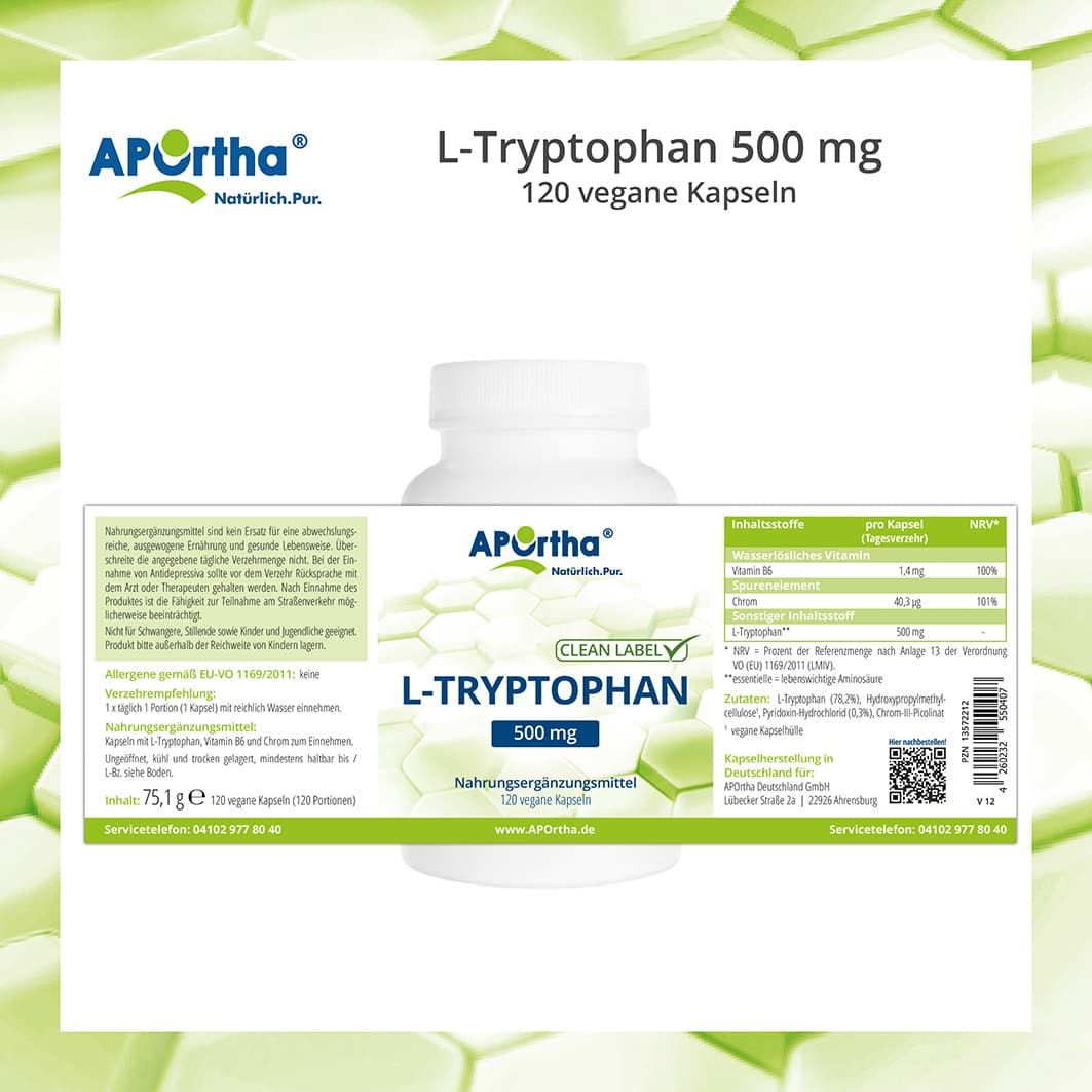 Etikett einer Flasche APOrtha L-Tryptophan Kapseln. Nährwertangaben und Inhaltsstoffe.