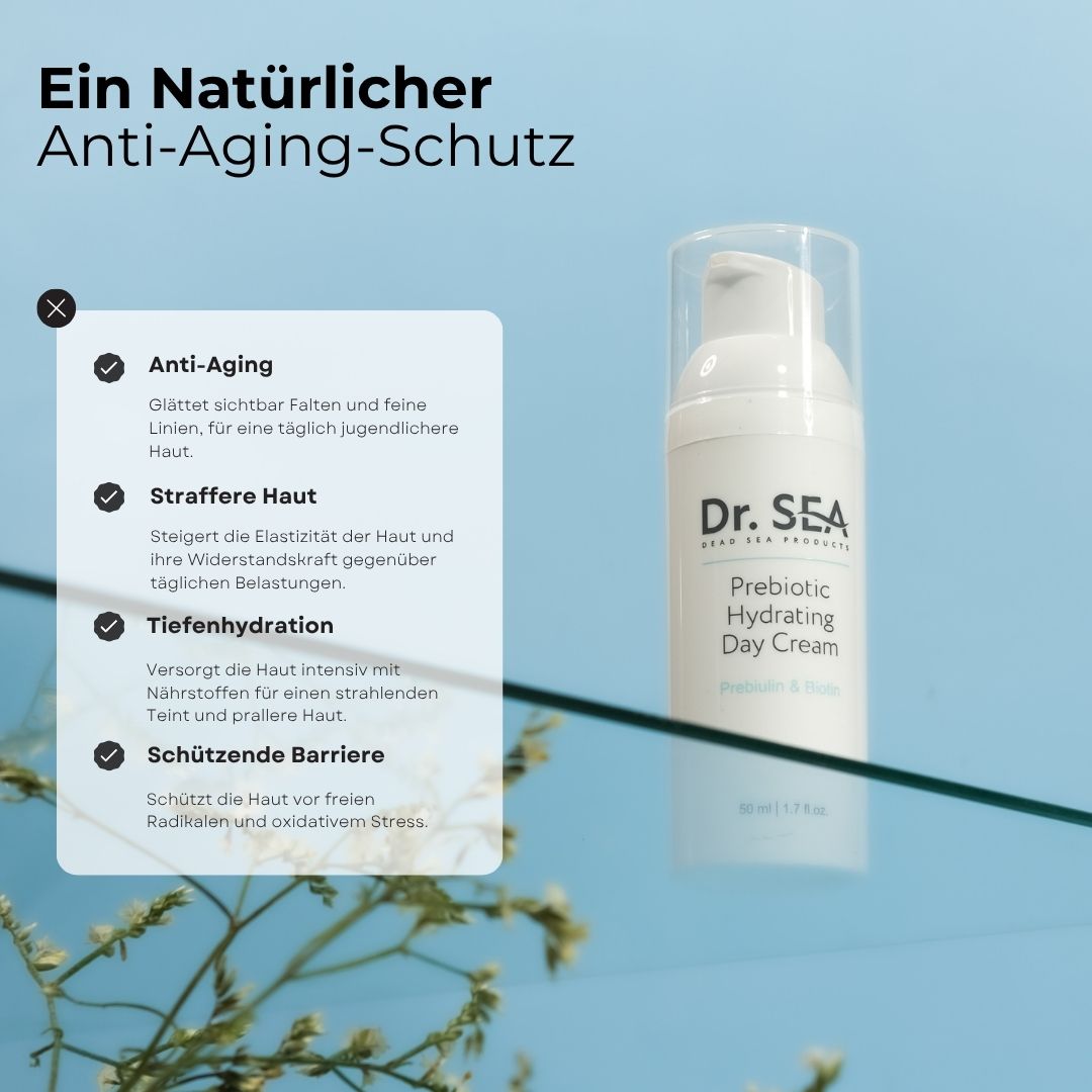 Weiße Flasche mit Pumpe. Aufschrift: Dr. SEA, Prebiotic Hydrating Day Cream. Text und Icons mit Vorteilen.