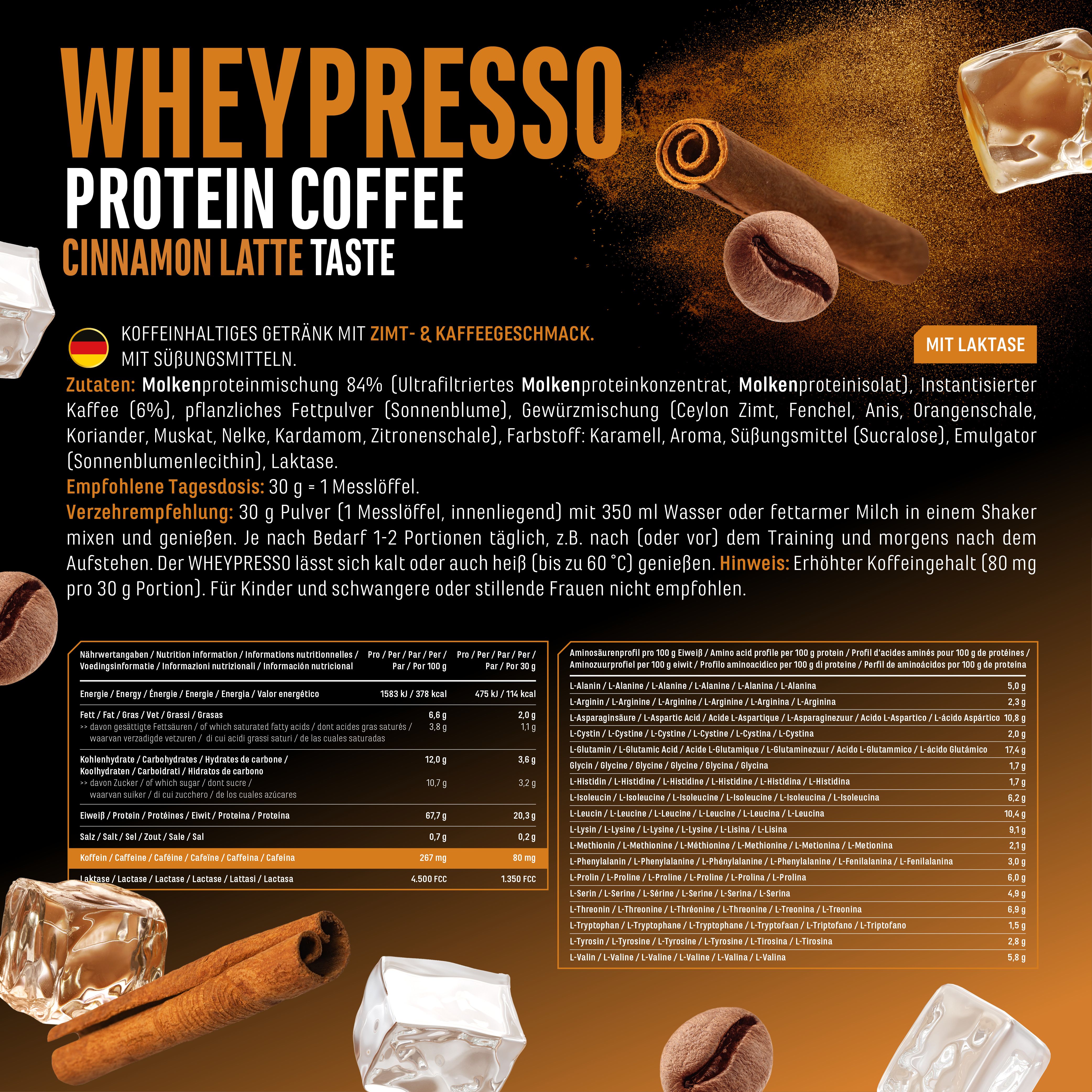 Text mit Zutaten und Nährwertangaben von Wheypresso Protein Coffee. Zimtstangen, Eiswürfel und Kaffeebohne.